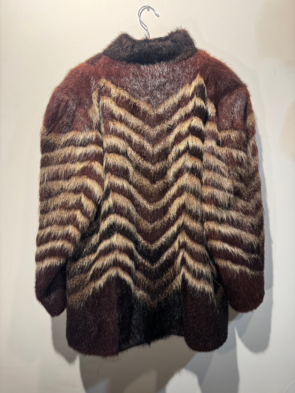 Vintage Chevron Raccoon Fur Coat with Mink Collar