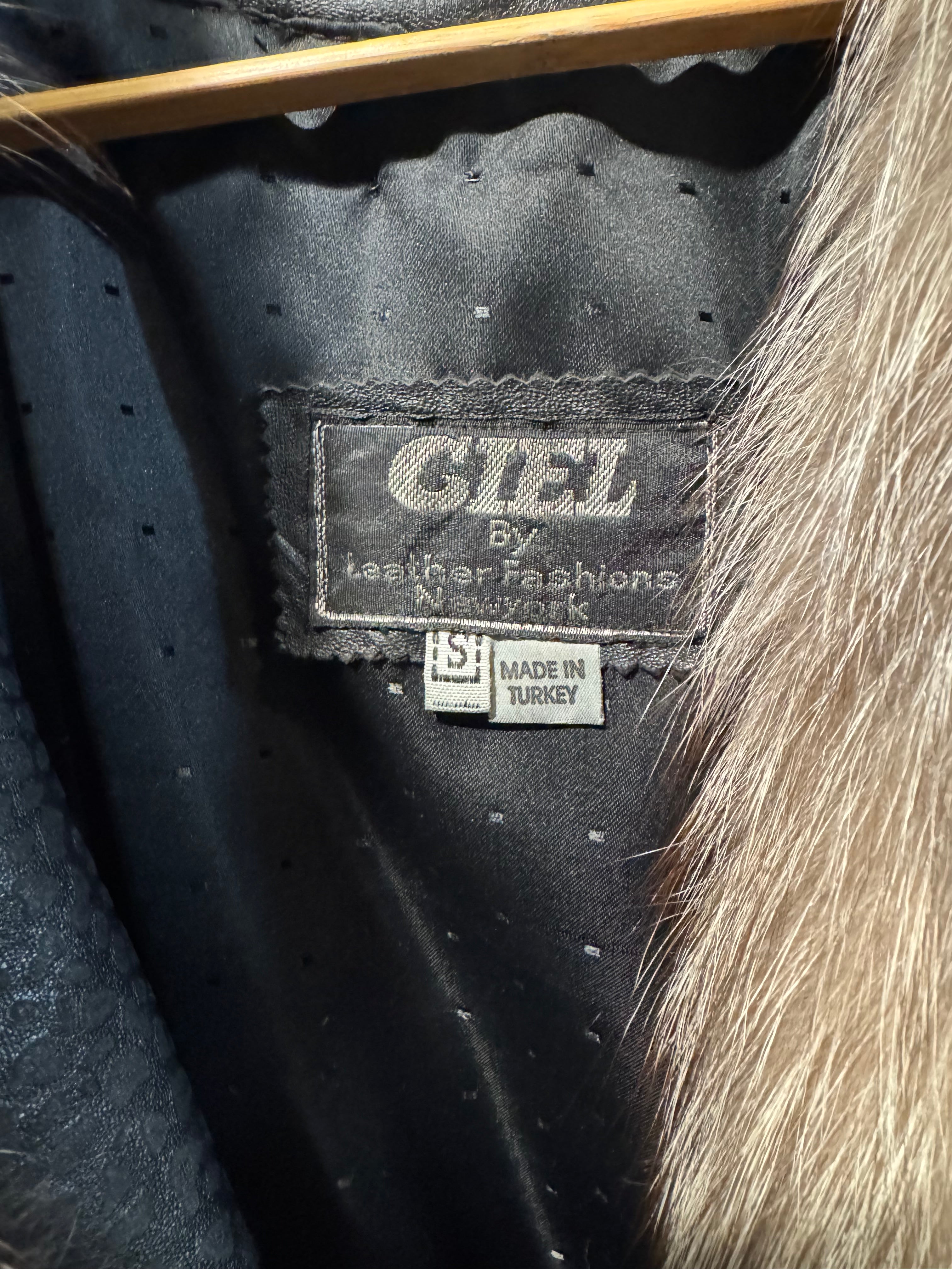 Vintage Black Leather Coat with Silver Fox Fur Collar