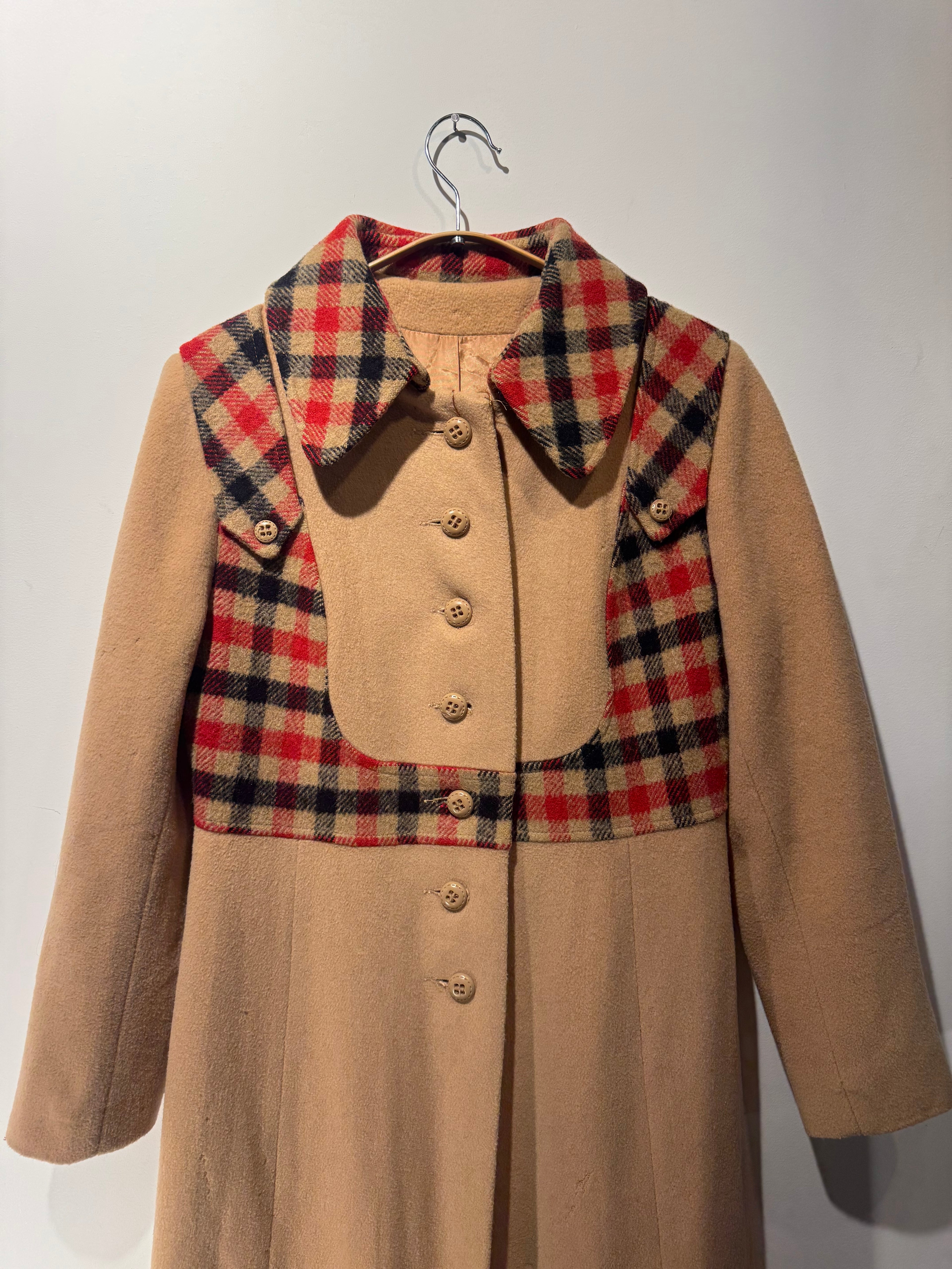 Vintage Wool Coat with Plaid Trim