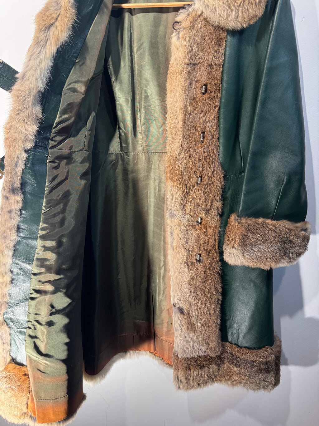 Vintage Montgomery Ward Leather Coat with Rabbit Fur Trim