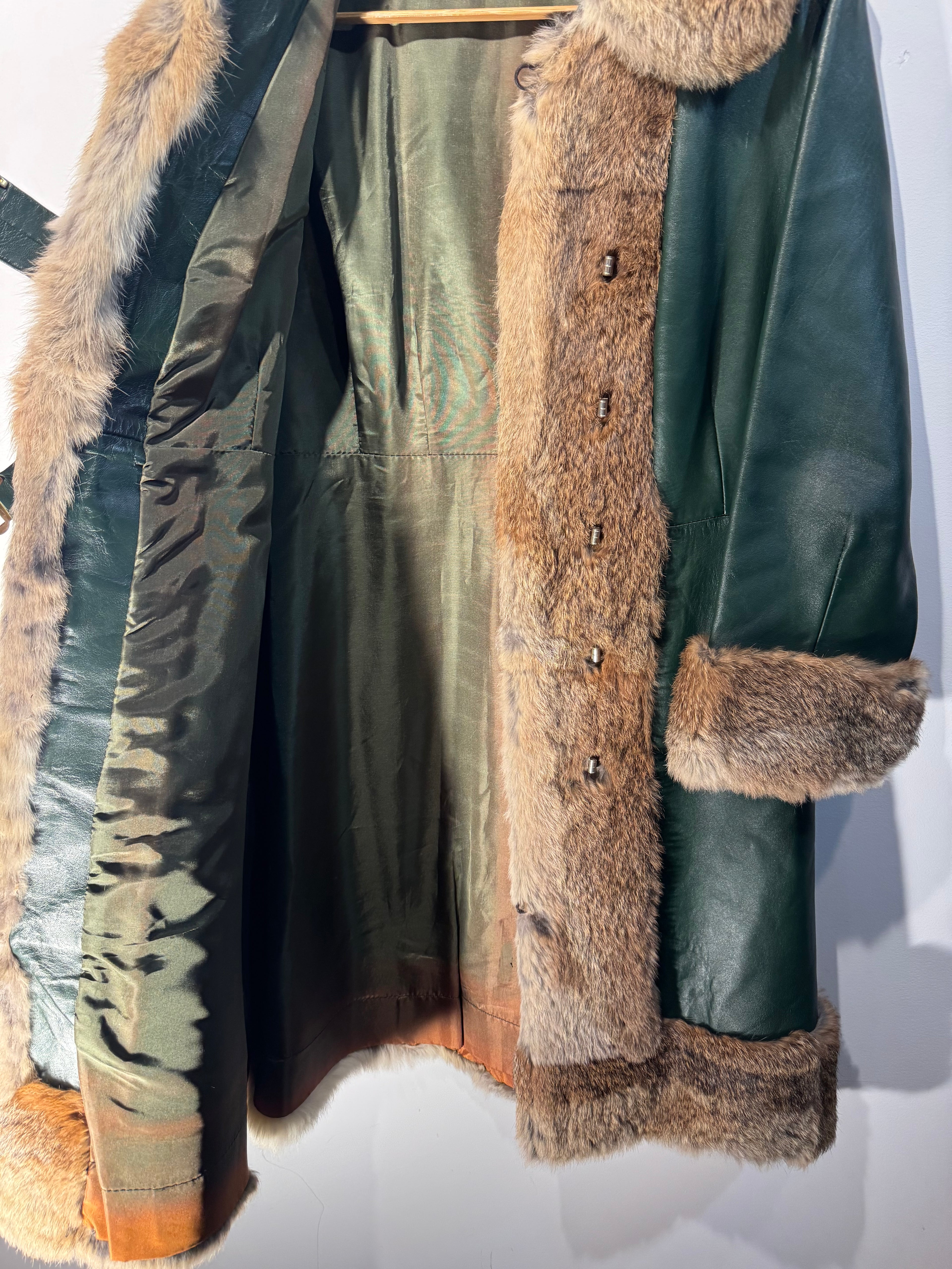 Vintage Montgomery Ward Leather Coat with Rabbit Fur Trim