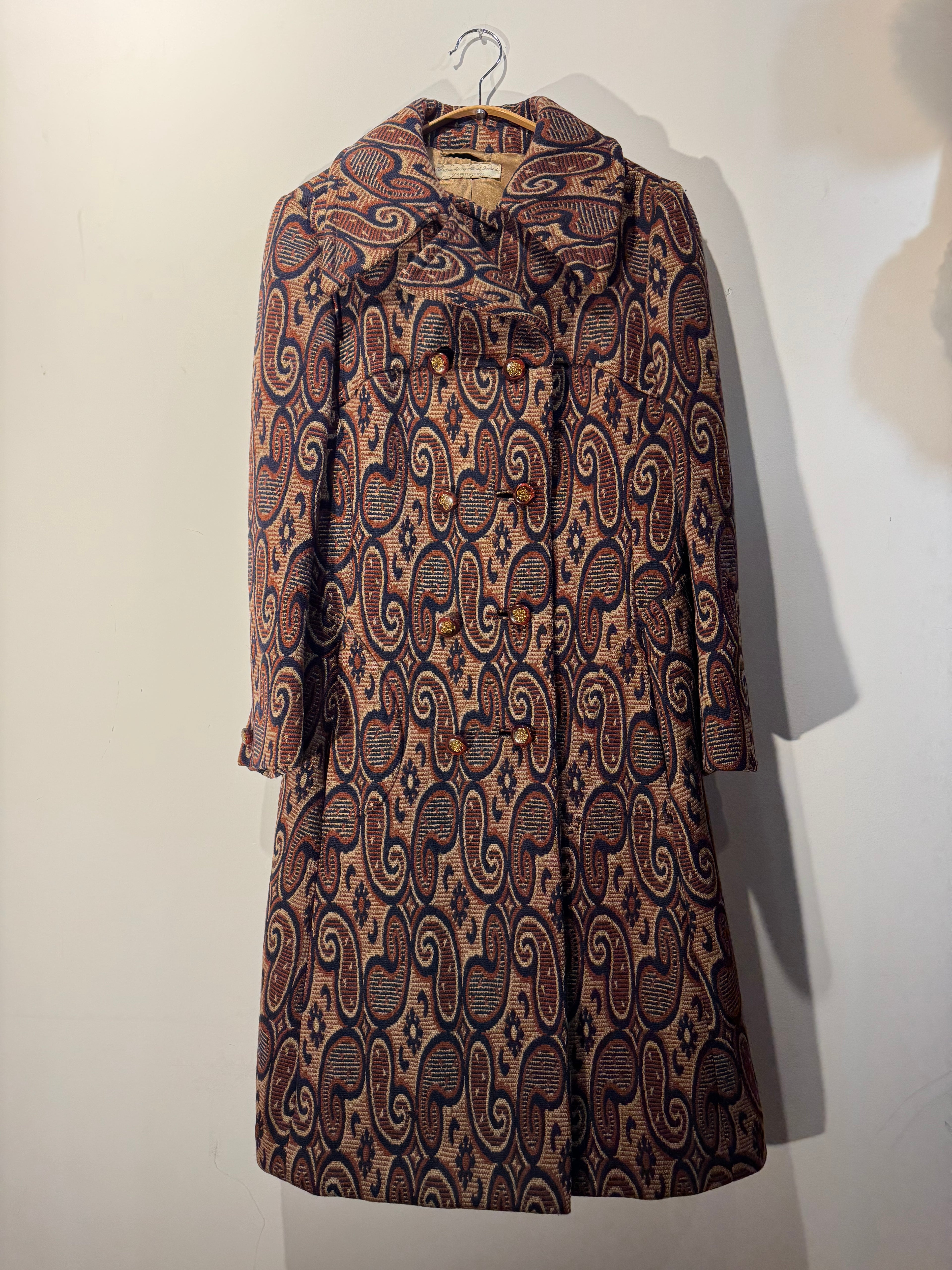 Vintage 1960s Irish Wool Paisley Jacquard Double Breasted Coat