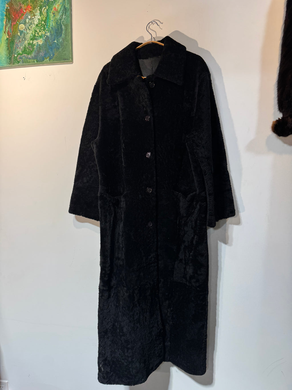 Vintage Lucca Bianco Long Black Sheared Italian Lamb Shearling Coat