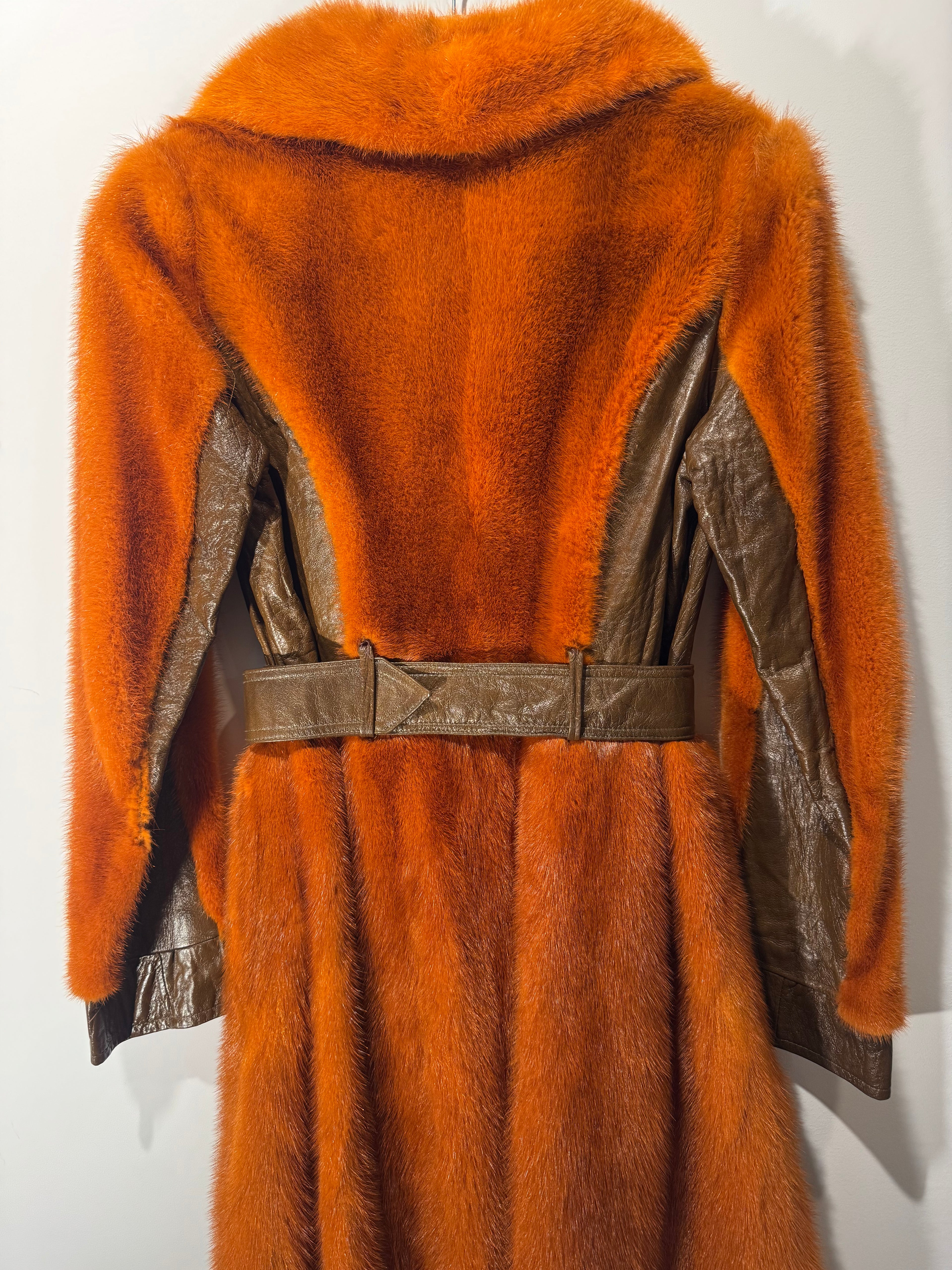 Vintage Orange Mink & Brown Leather Belted Coat