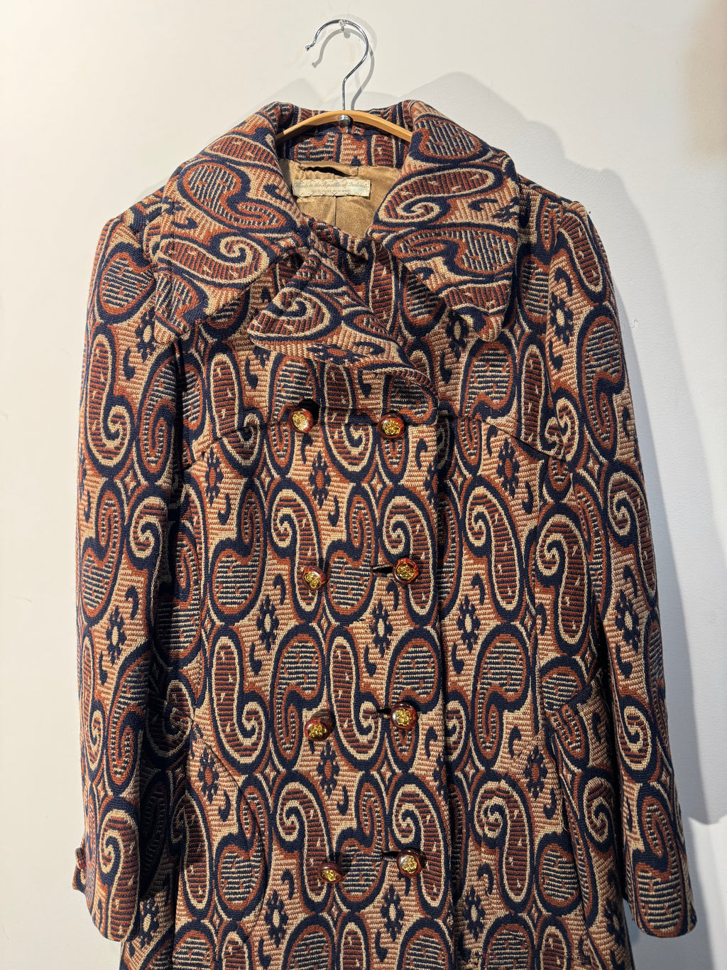 Vintage 1960s Irish Wool Paisley Jacquard Double Breasted Coat