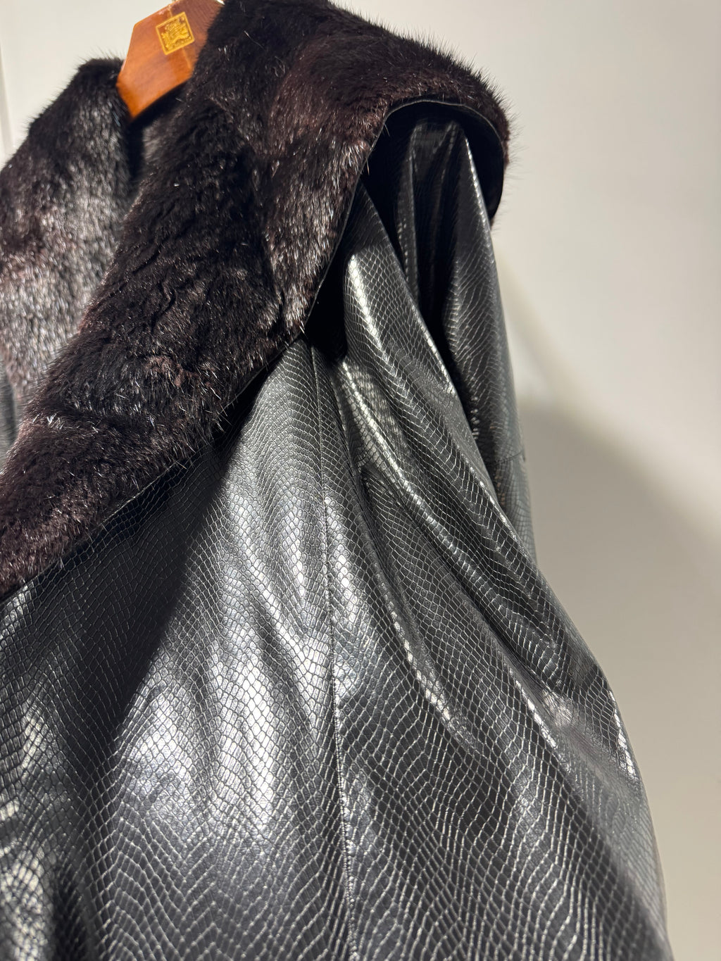 Vintage Hooded Mink Fur Coat with Embossed Leather Shell