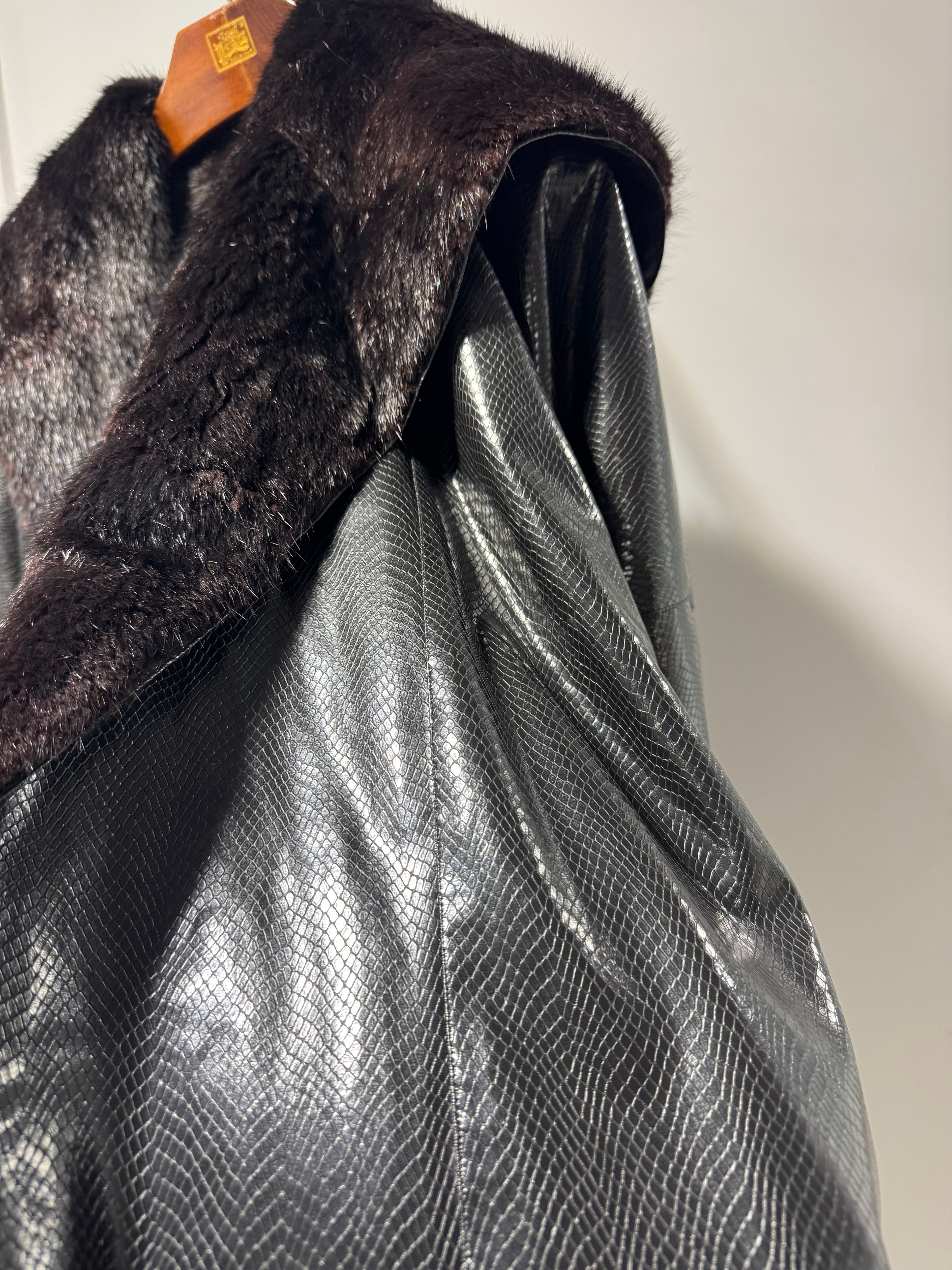 Vintage Hooded Mink Fur Coat with Embossed Leather Shell