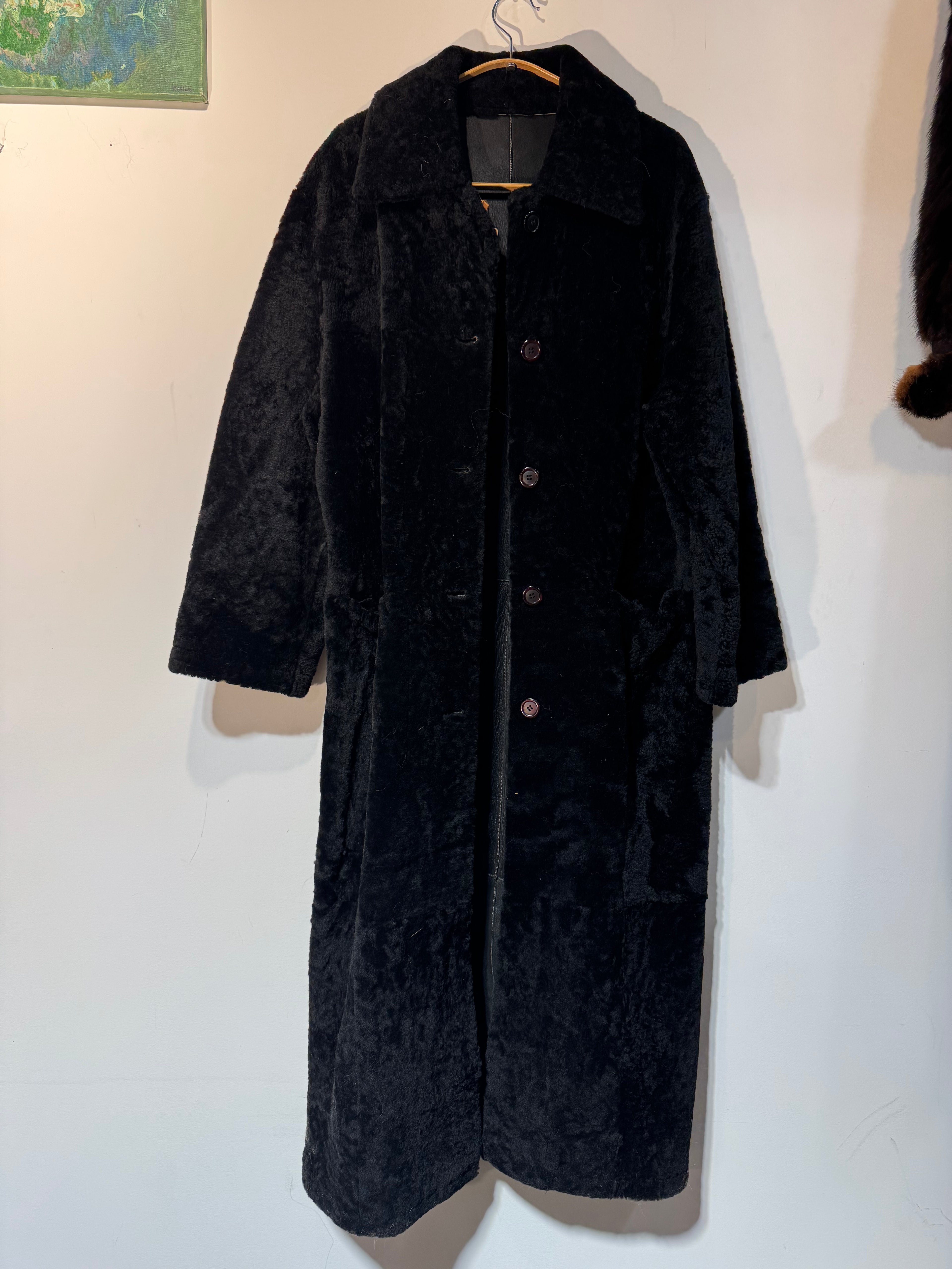Vintage Lucca Bianco Long Black Sheared Italian Lamb Shearling Coat
