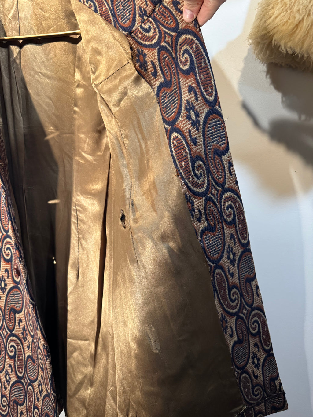 Vintage 1960s Irish Wool Paisley Jacquard Double Breasted Coat