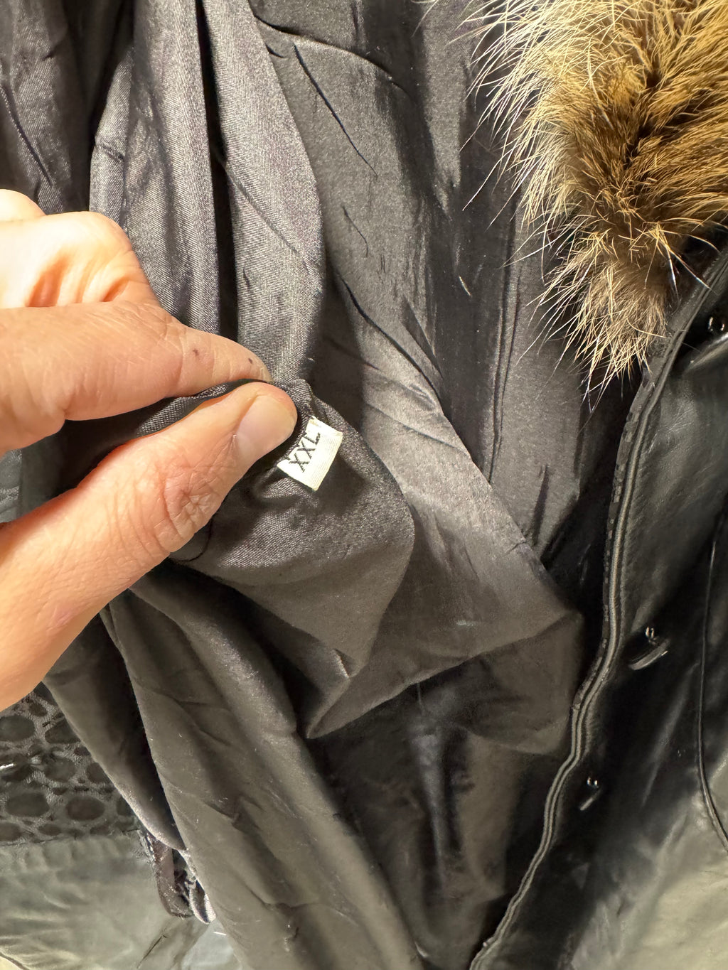 Vintage Black Leather Trench Coat with Detachable Raccoon Fur Collar
