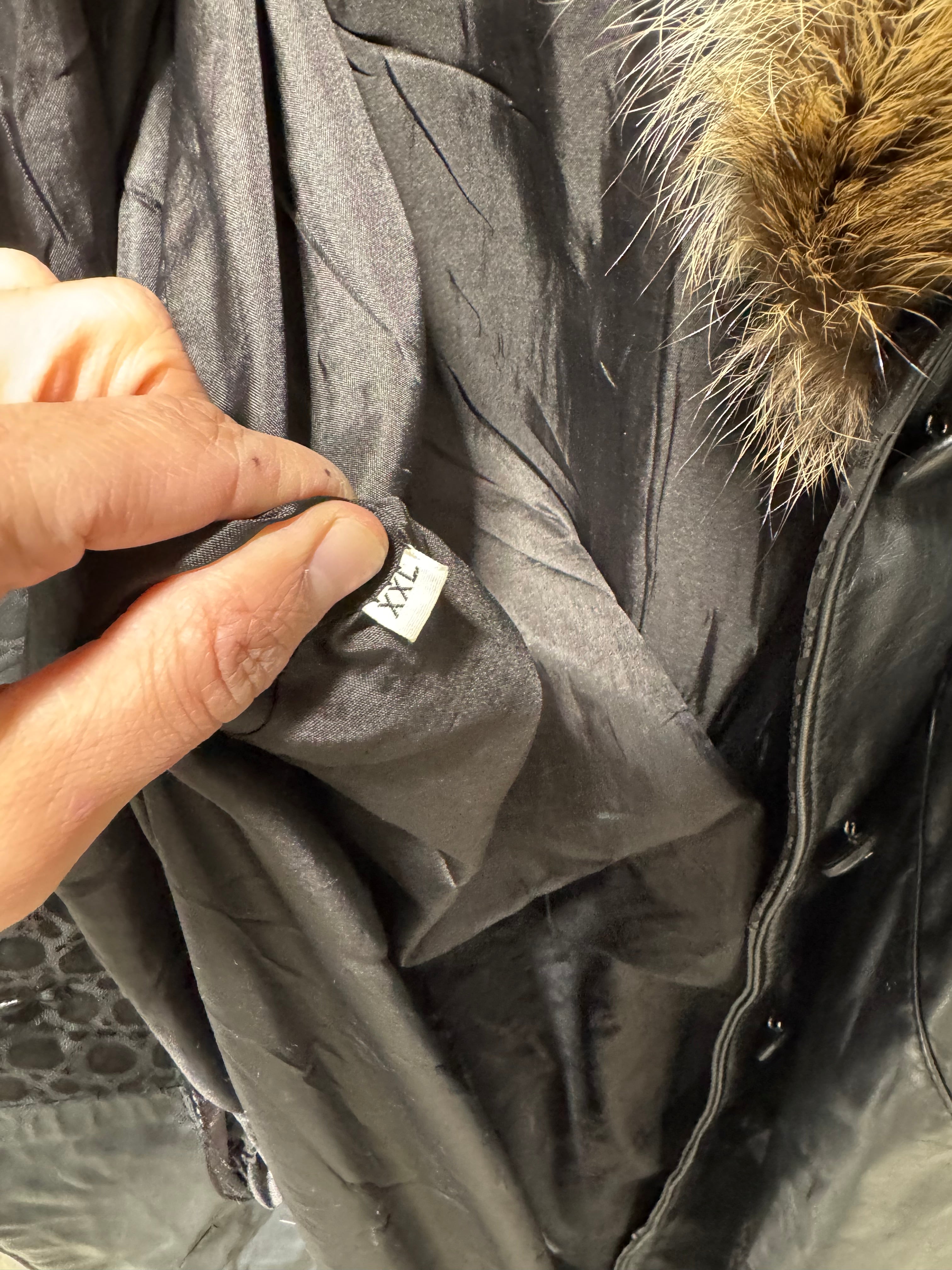 Vintage Black Leather Trench Coat with Detachable Raccoon Fur Collar