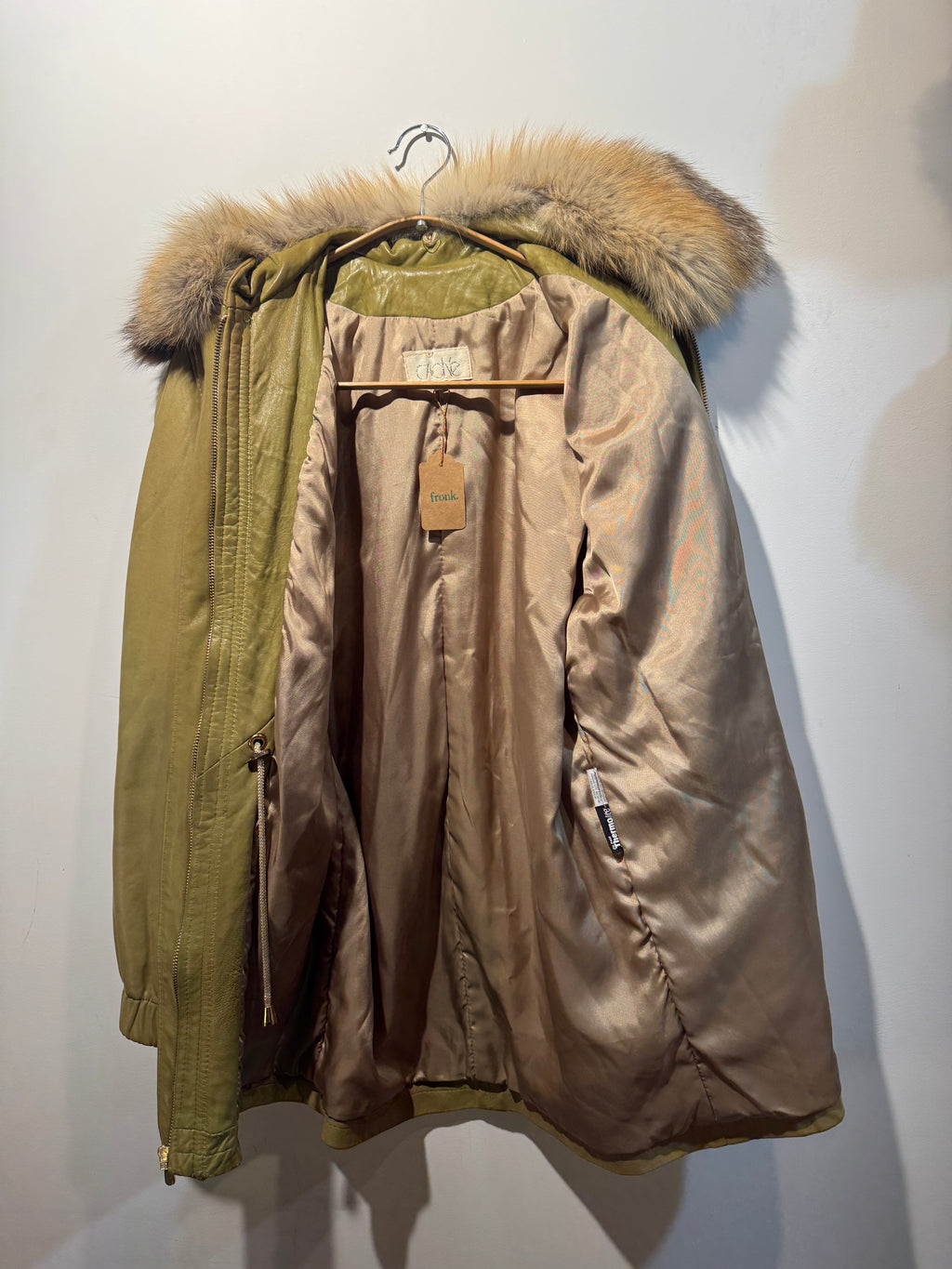 Caché Lambskin Leather Parka with Genuine Fox Fur Collar
