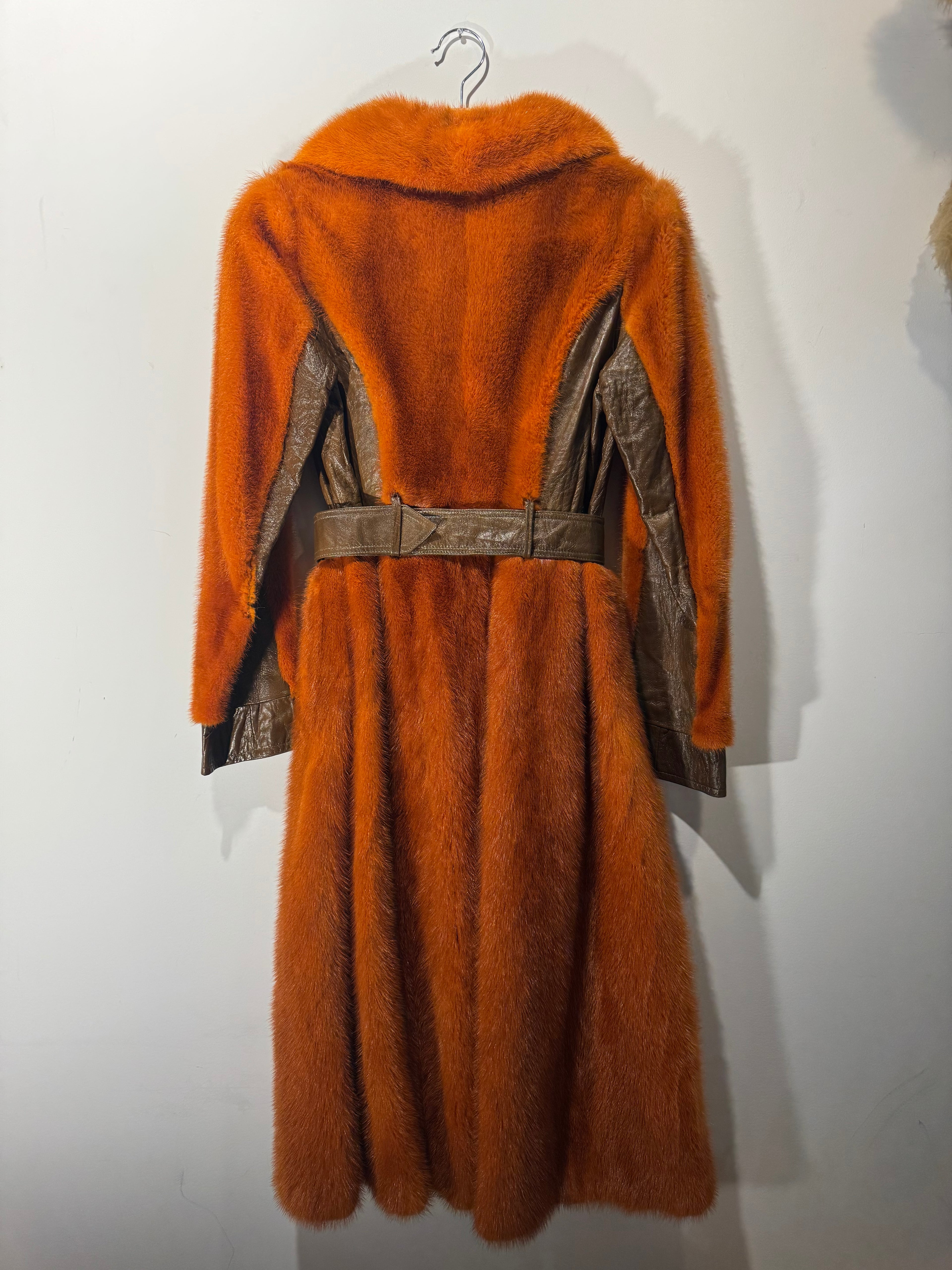 Vintage Orange Mink & Brown Leather Belted Coat