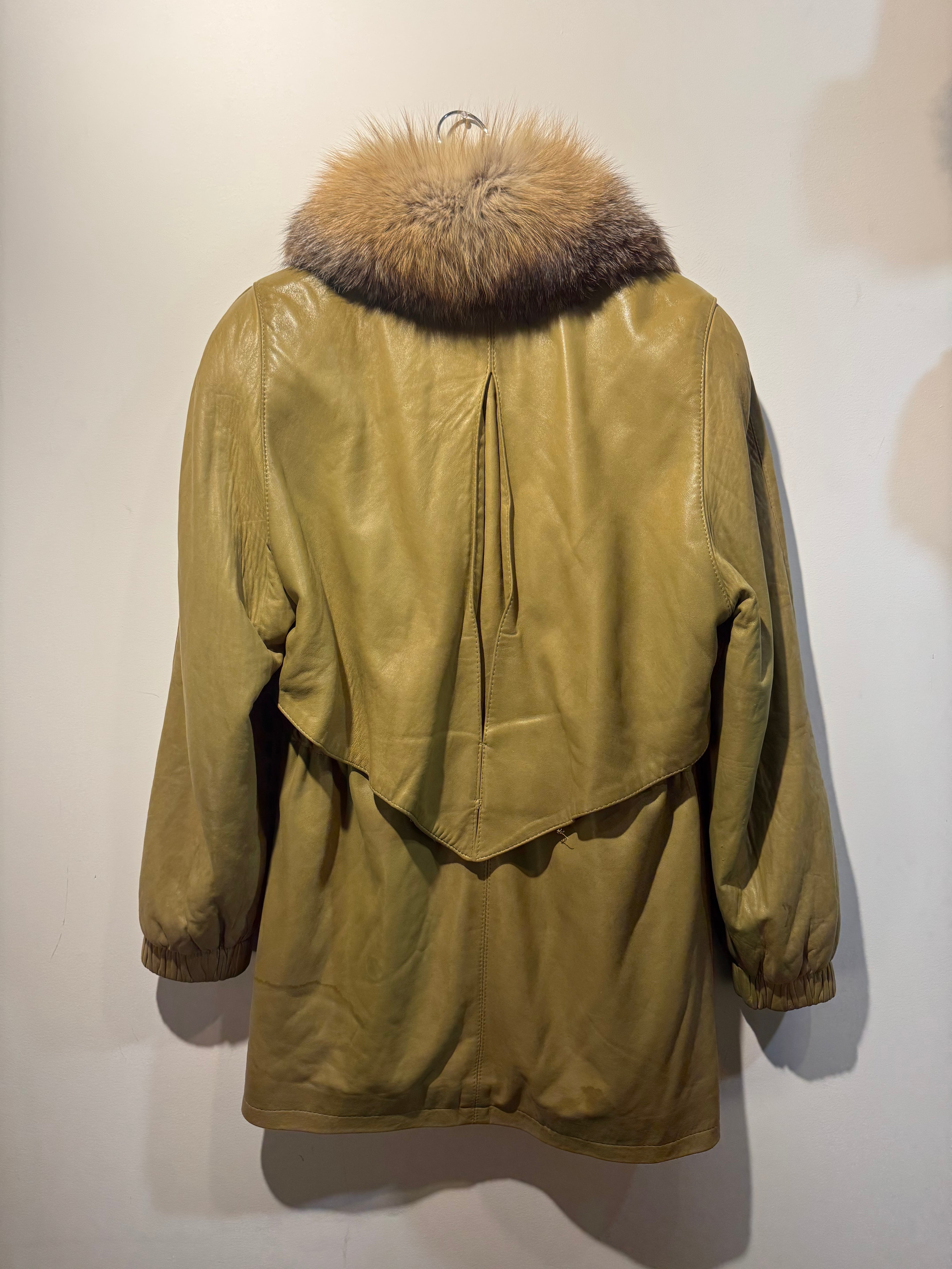 Caché Lambskin Leather Parka with Genuine Fox Fur Collar
