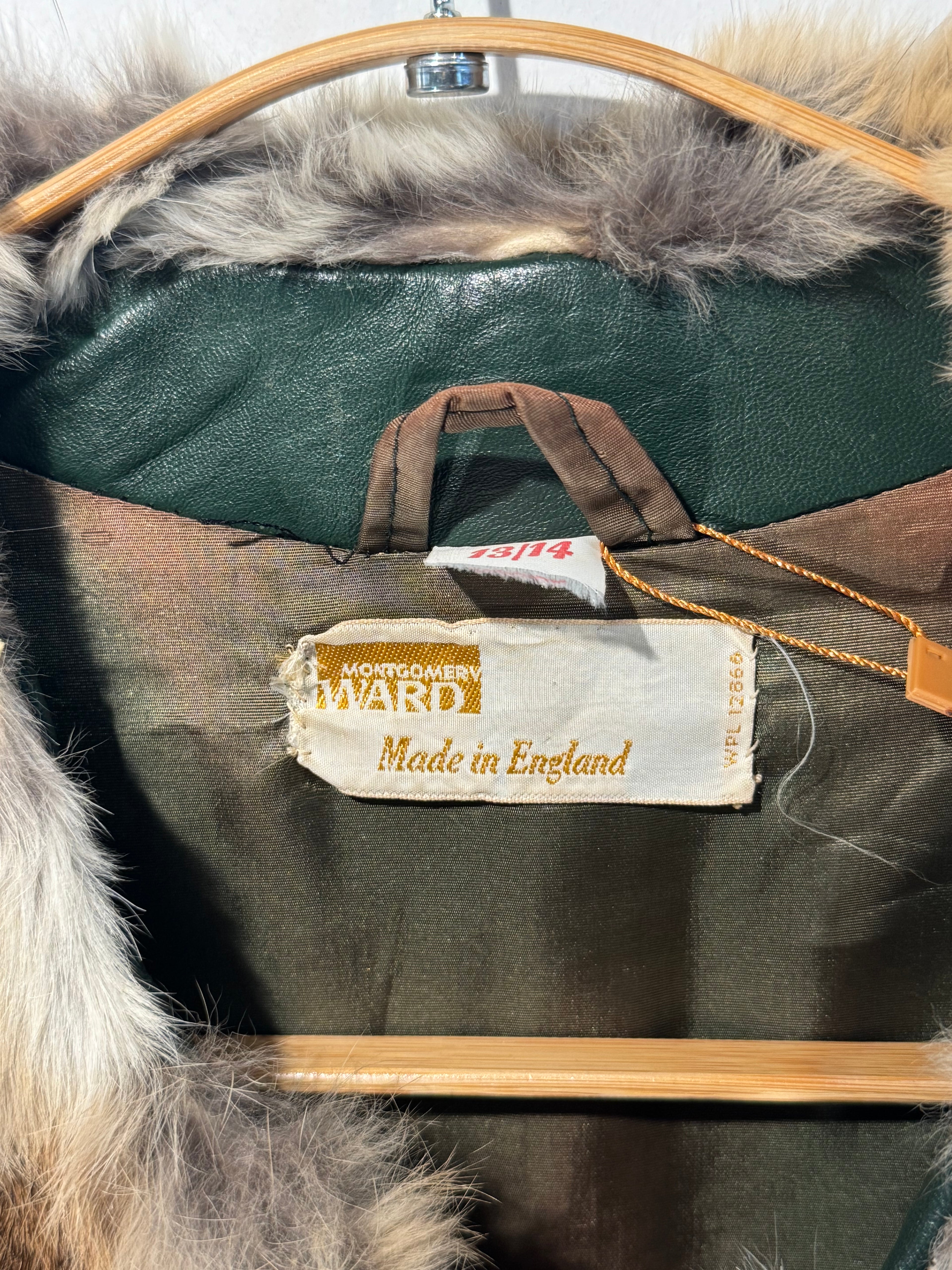 Vintage Montgomery Ward Leather Coat with Rabbit Fur Trim