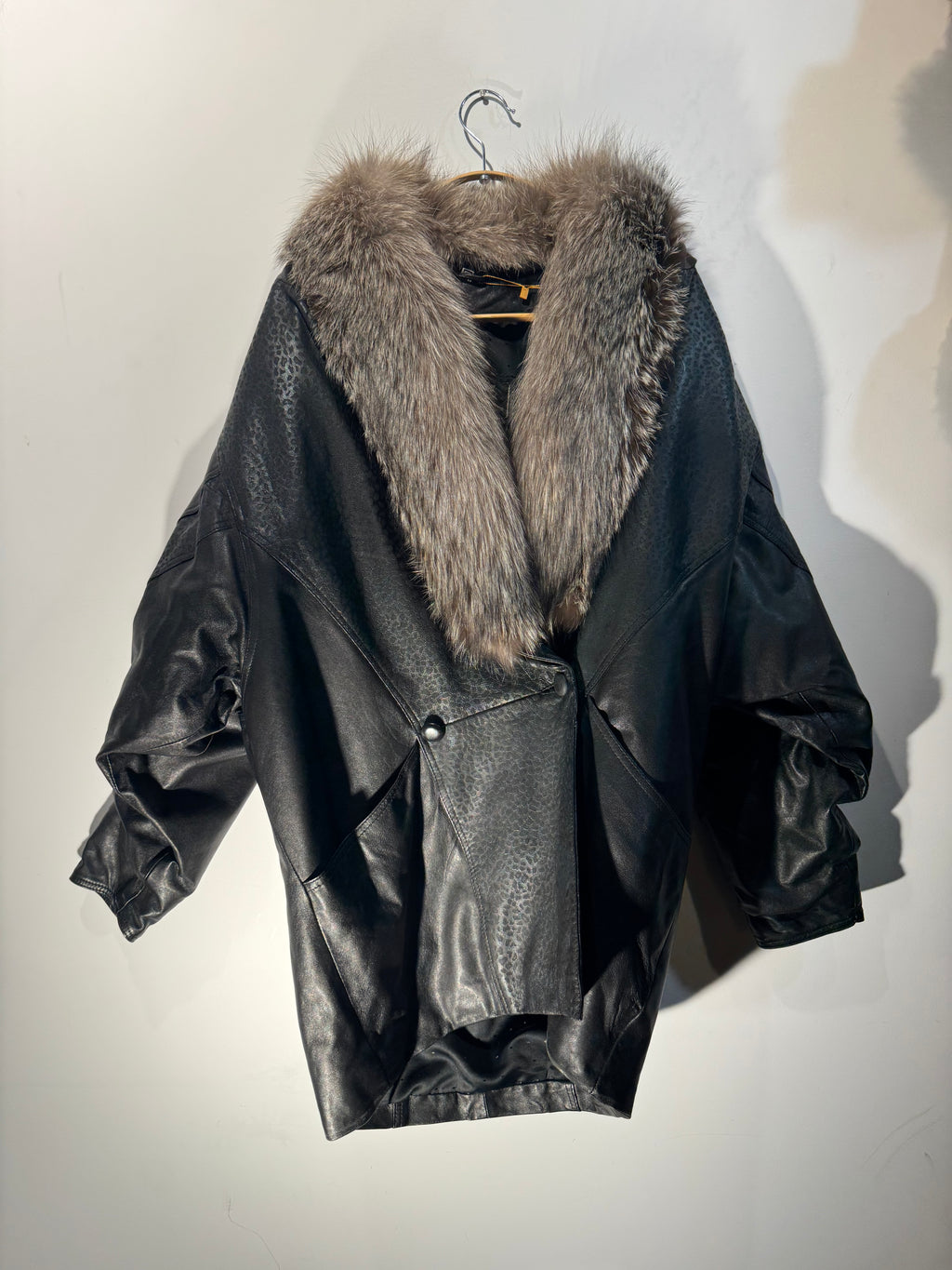Vintage Black Leather Coat with Silver Fox Fur Collar