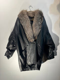 Vintage Black Leather Coat with Silver Fox Fur Collar