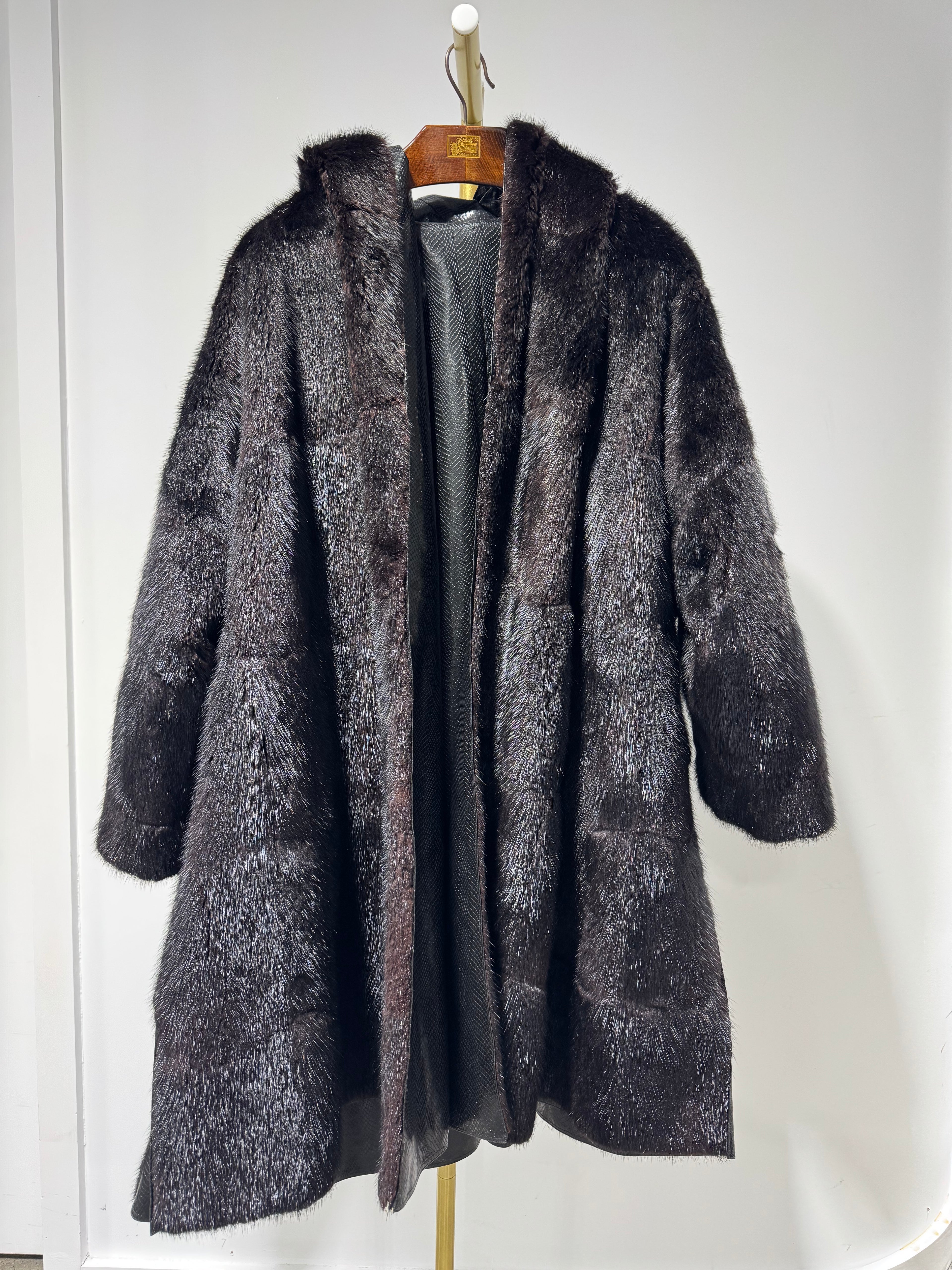Vintage Hooded Mink Fur Coat with Embossed Leather Shell