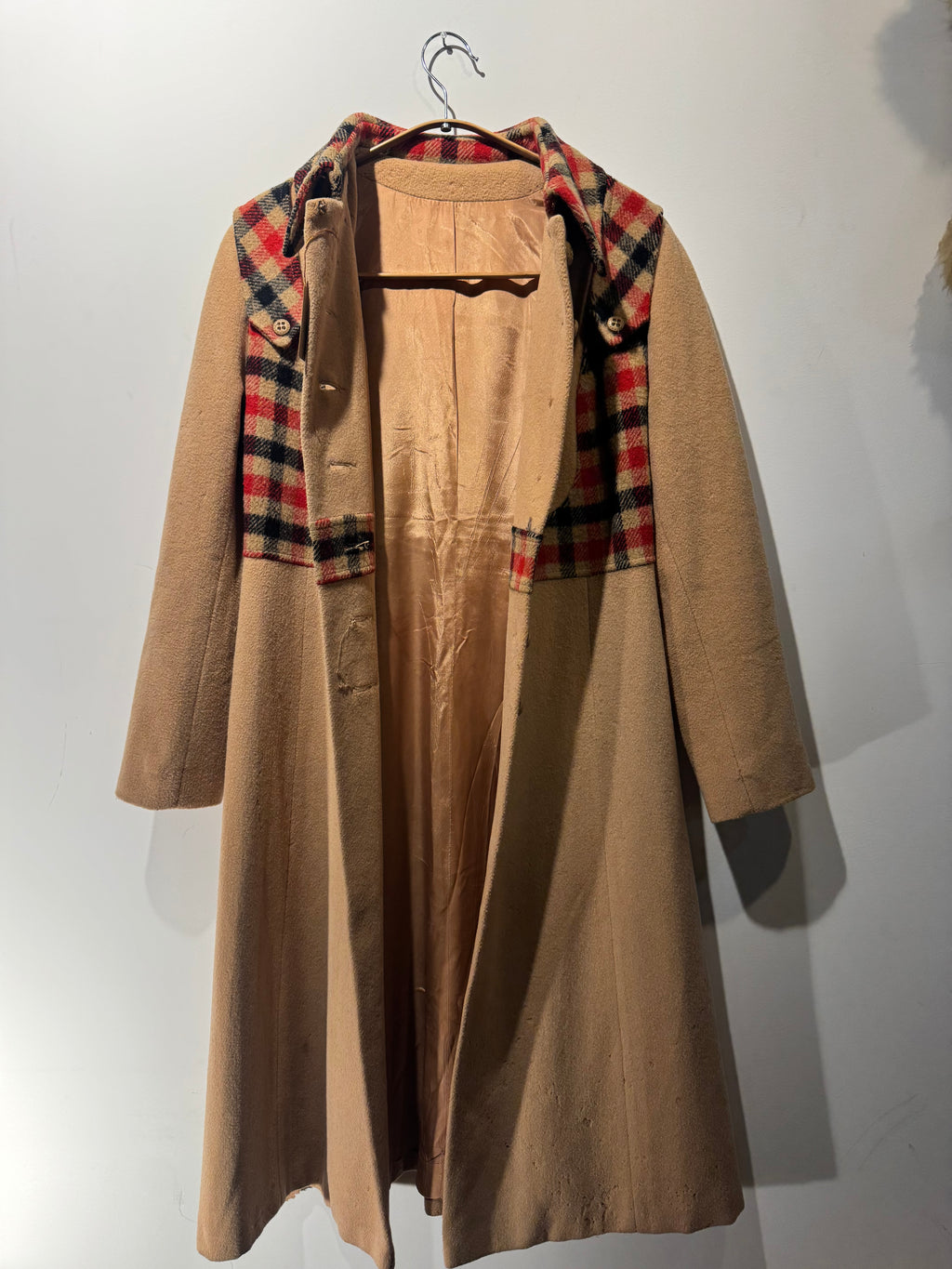 Vintage Wool Coat with Plaid Trim