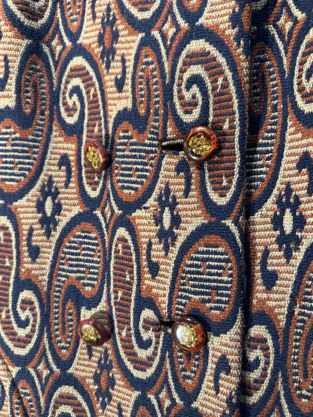 Vintage 1960s Irish Wool Paisley Jacquard Double Breasted Coat