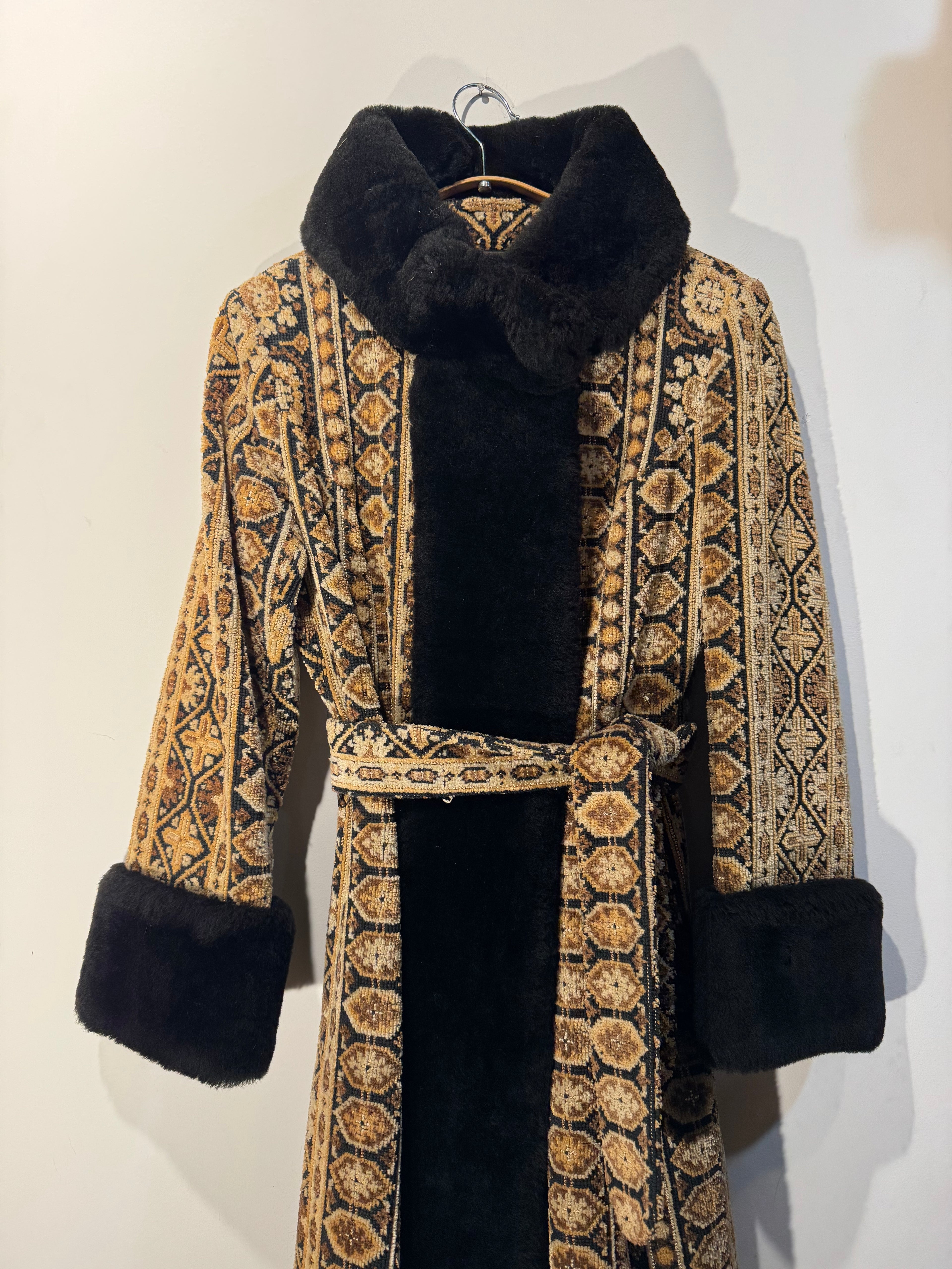 Vintage Tapestry Coat with Genuine Shearling Trim