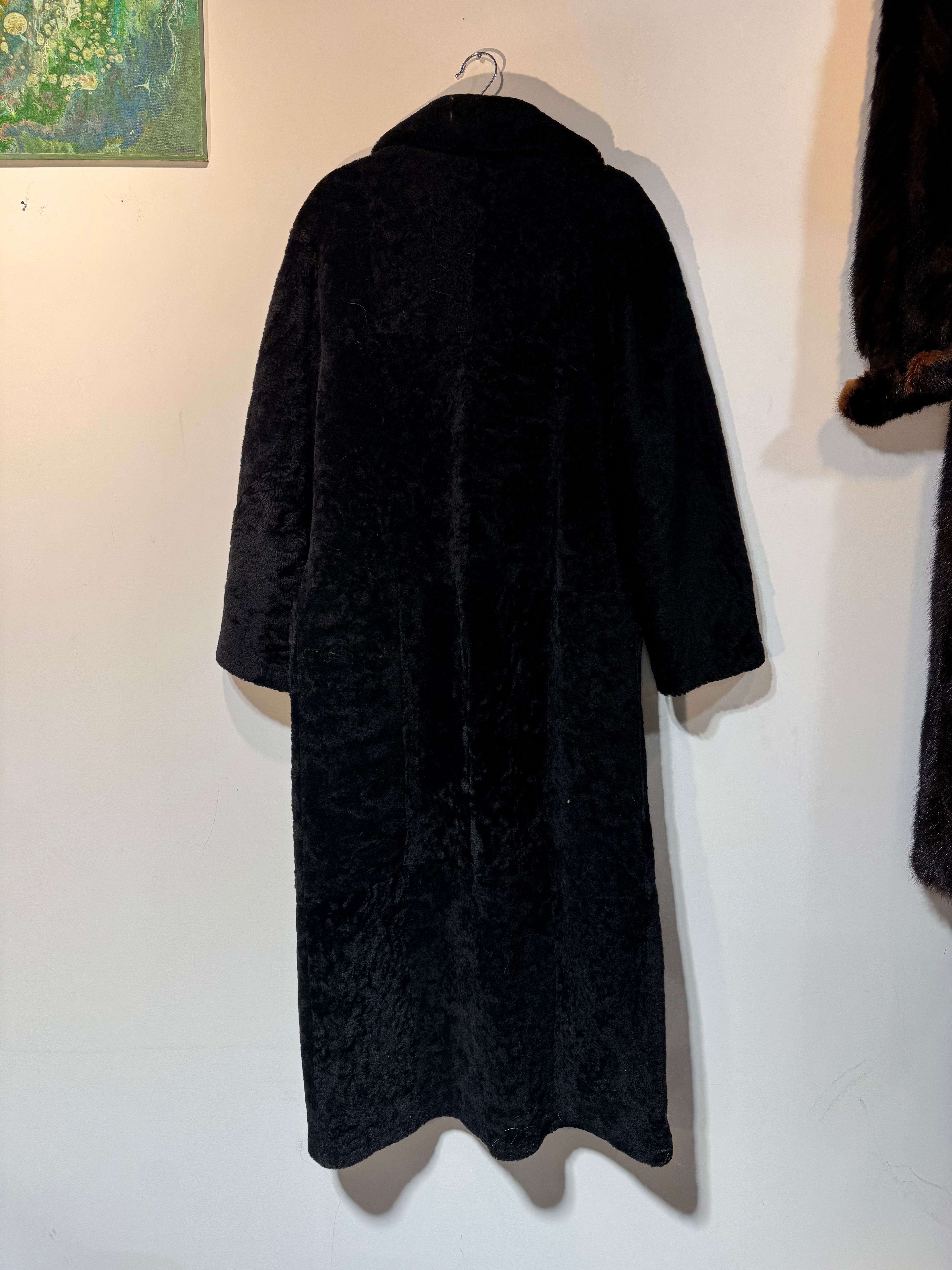 Vintage Lucca Bianco Long Black Sheared Italian Lamb Shearling Coat