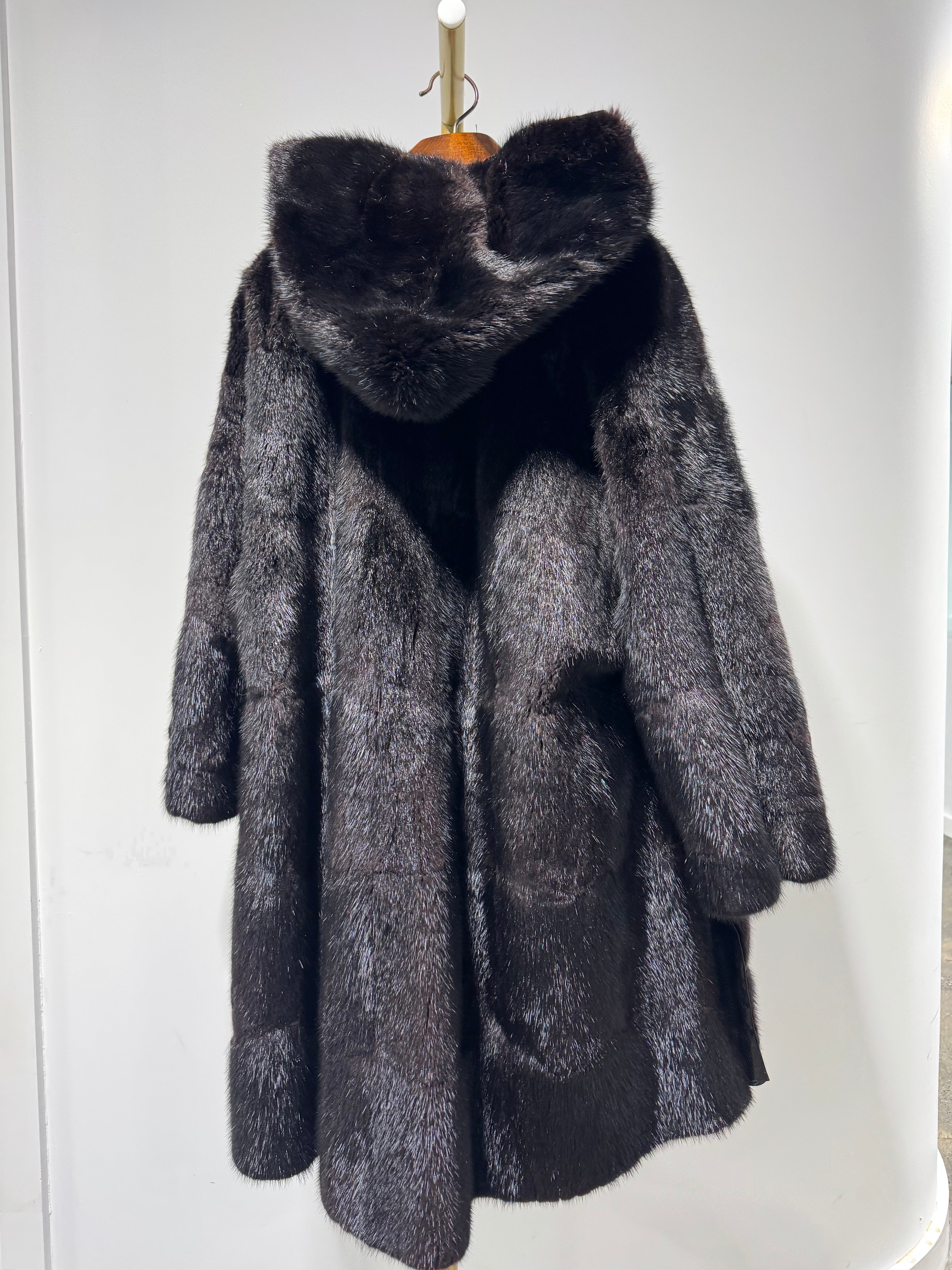 Vintage Hooded Mink Fur Coat with Embossed Leather Shell