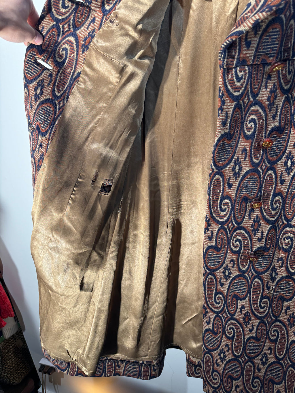 Vintage 1960s Irish Wool Paisley Jacquard Double Breasted Coat