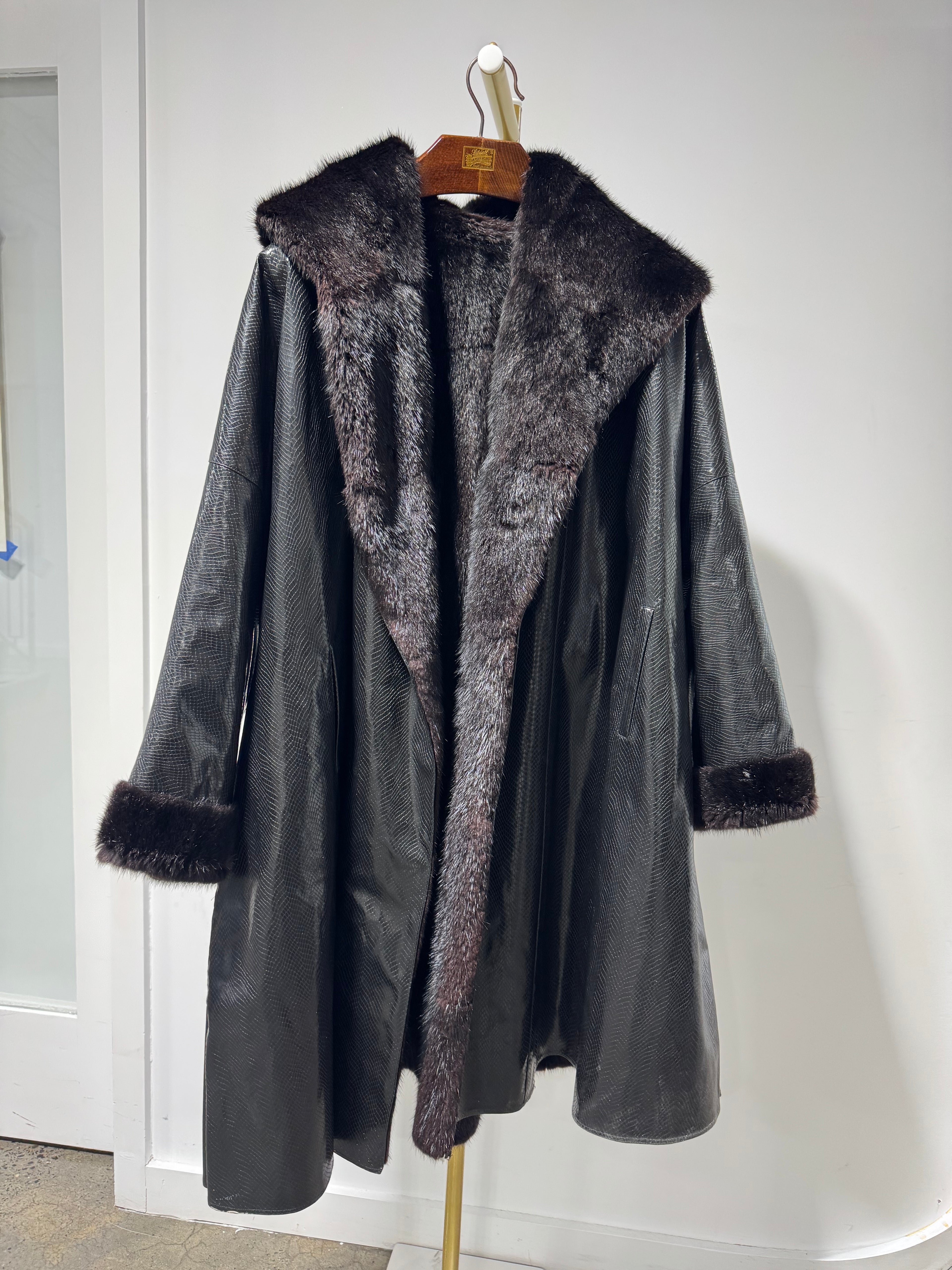 Vintage Hooded Mink Fur Coat with Embossed Leather Shell