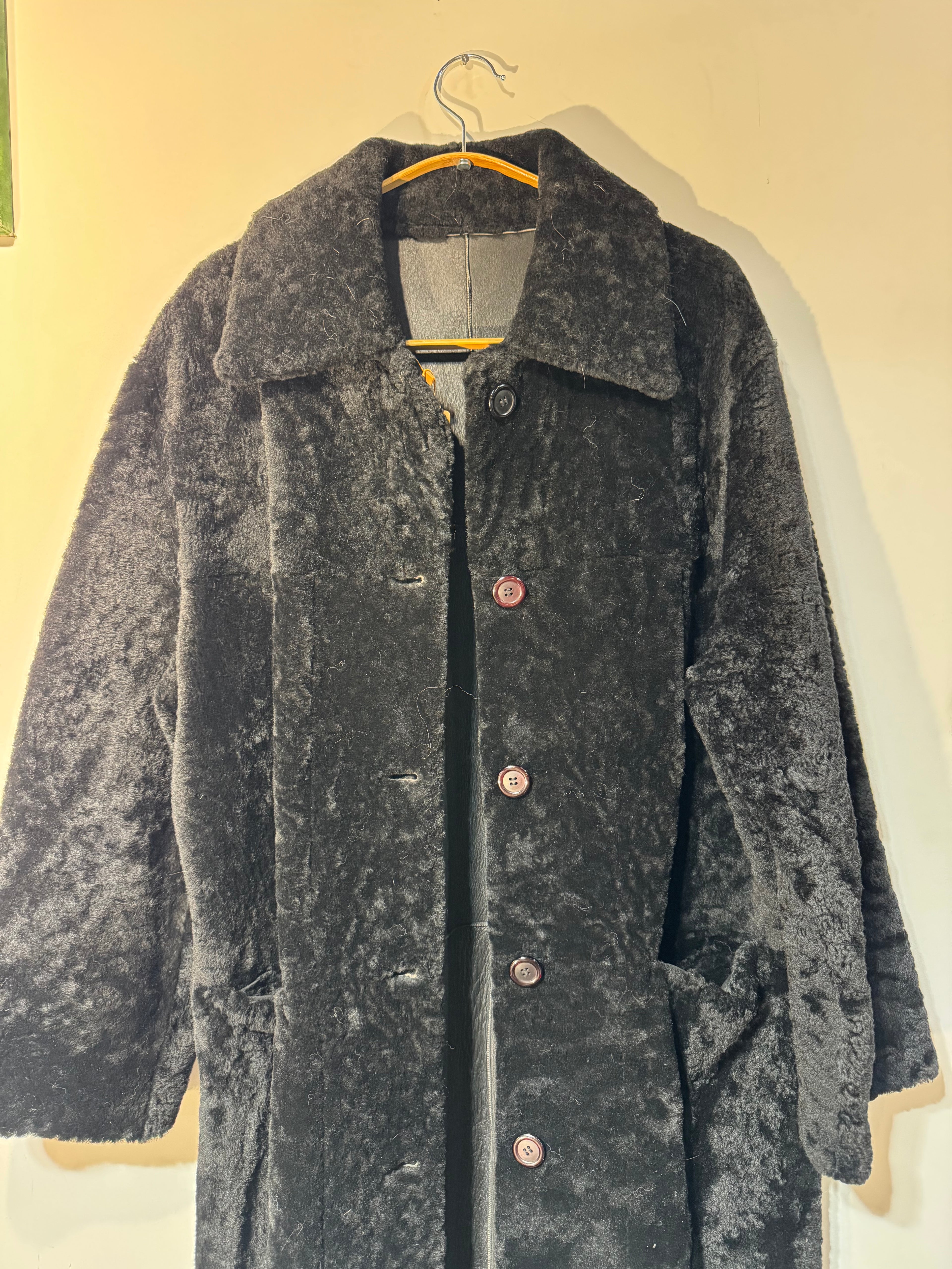 Vintage Lucca Bianco Long Black Sheared Italian Lamb Shearling Coat