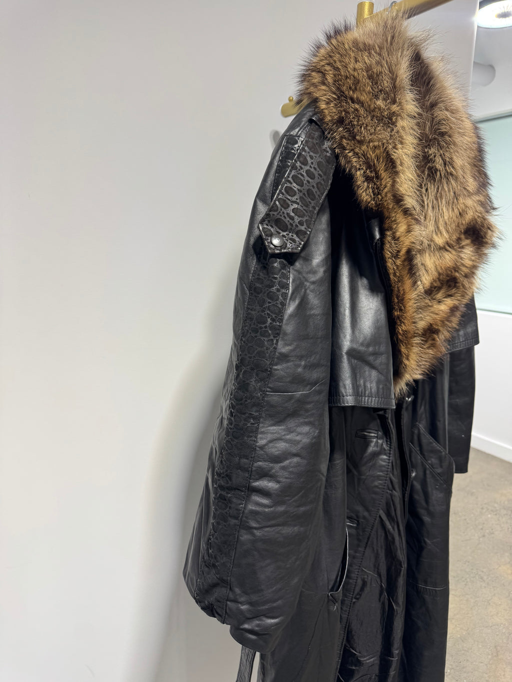 Vintage Black Leather Trench Coat with Detachable Raccoon Fur Collar