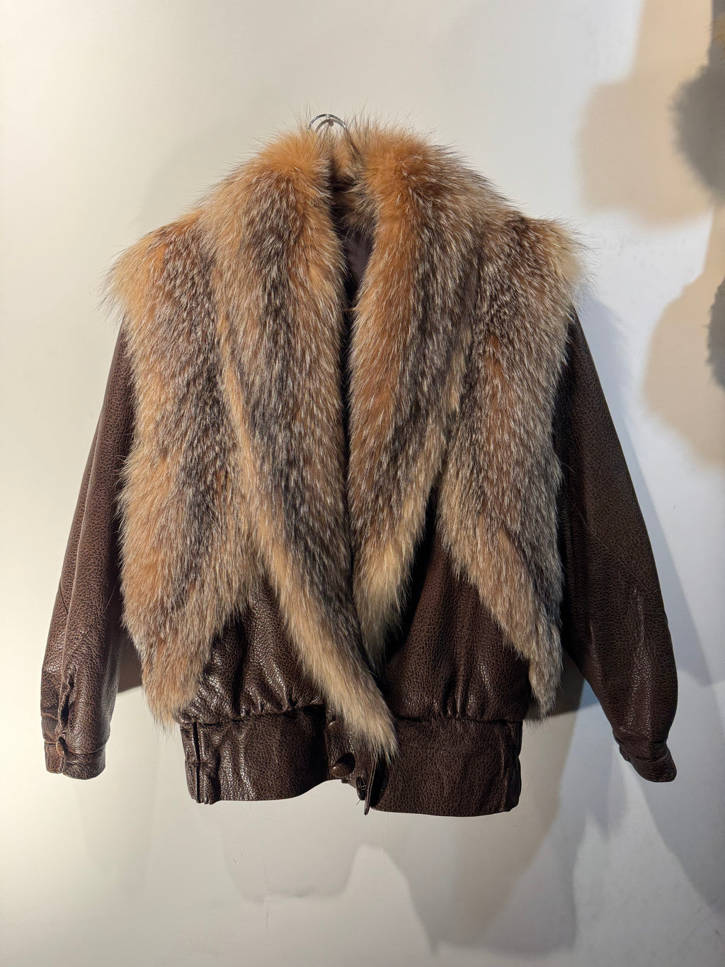 Vintage Red Fox Fur Leather Bomber Jacket