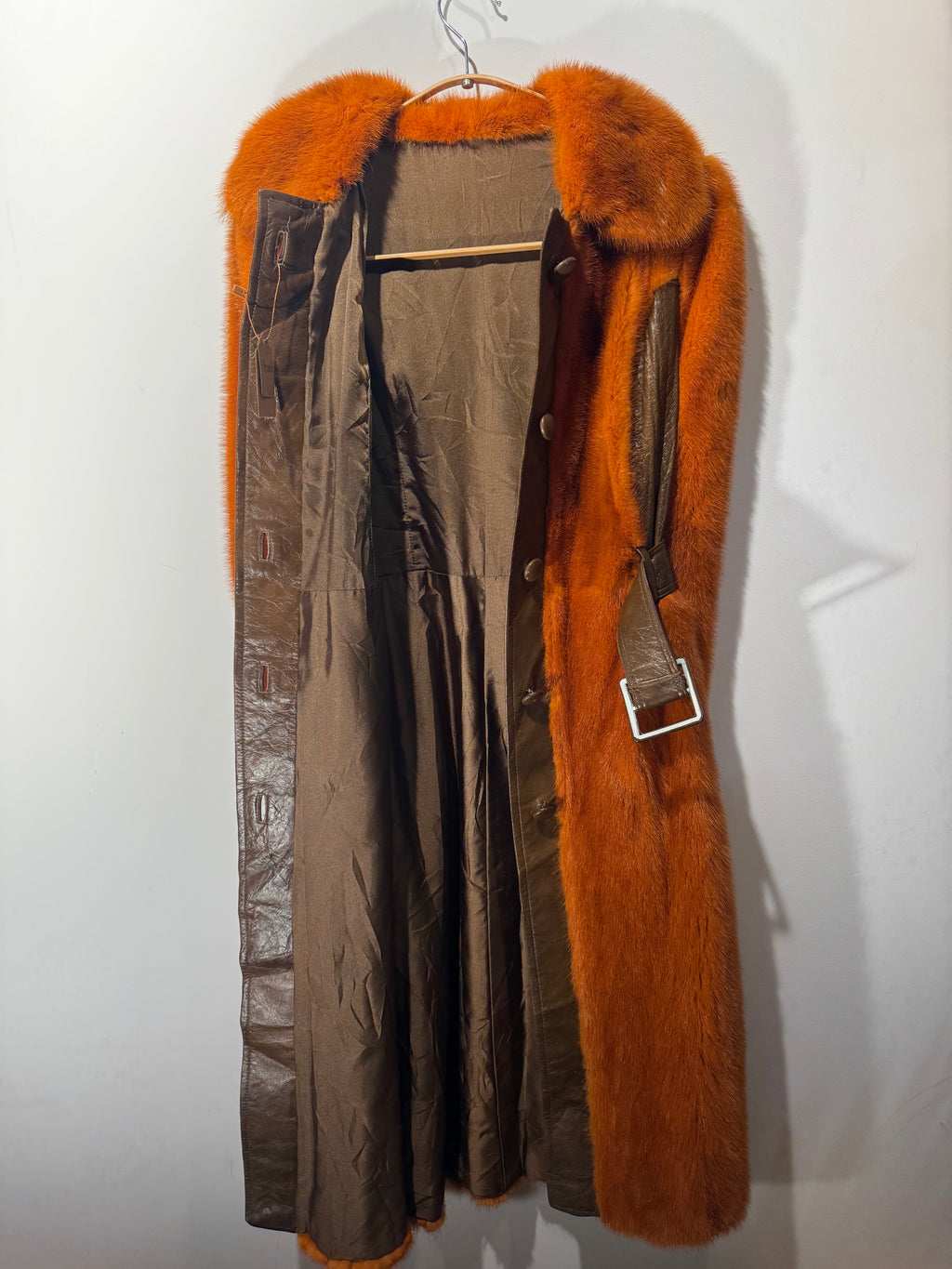 Vintage Orange Mink & Brown Leather Belted Coat