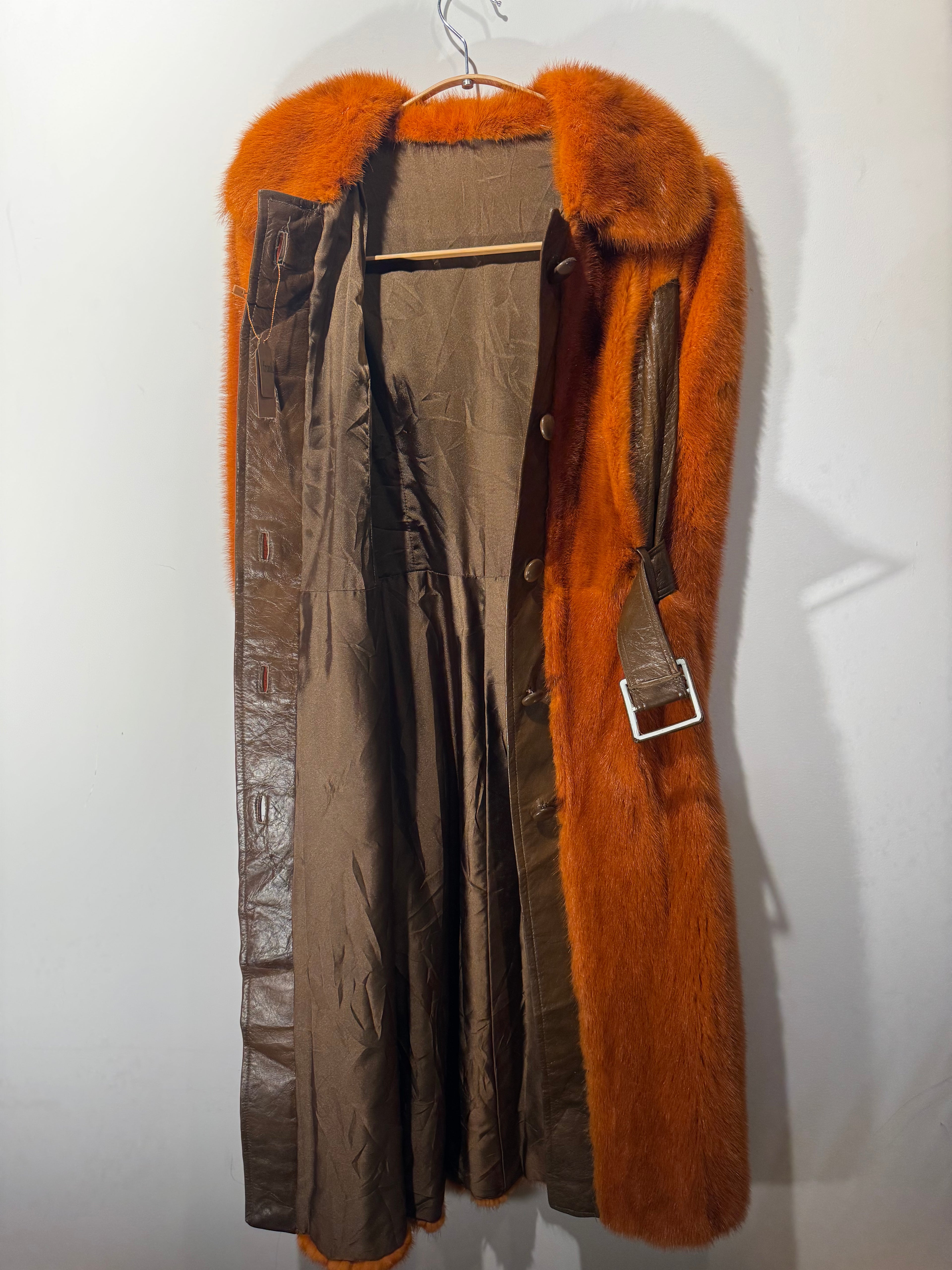 Vintage Orange Mink & Brown Leather Belted Coat