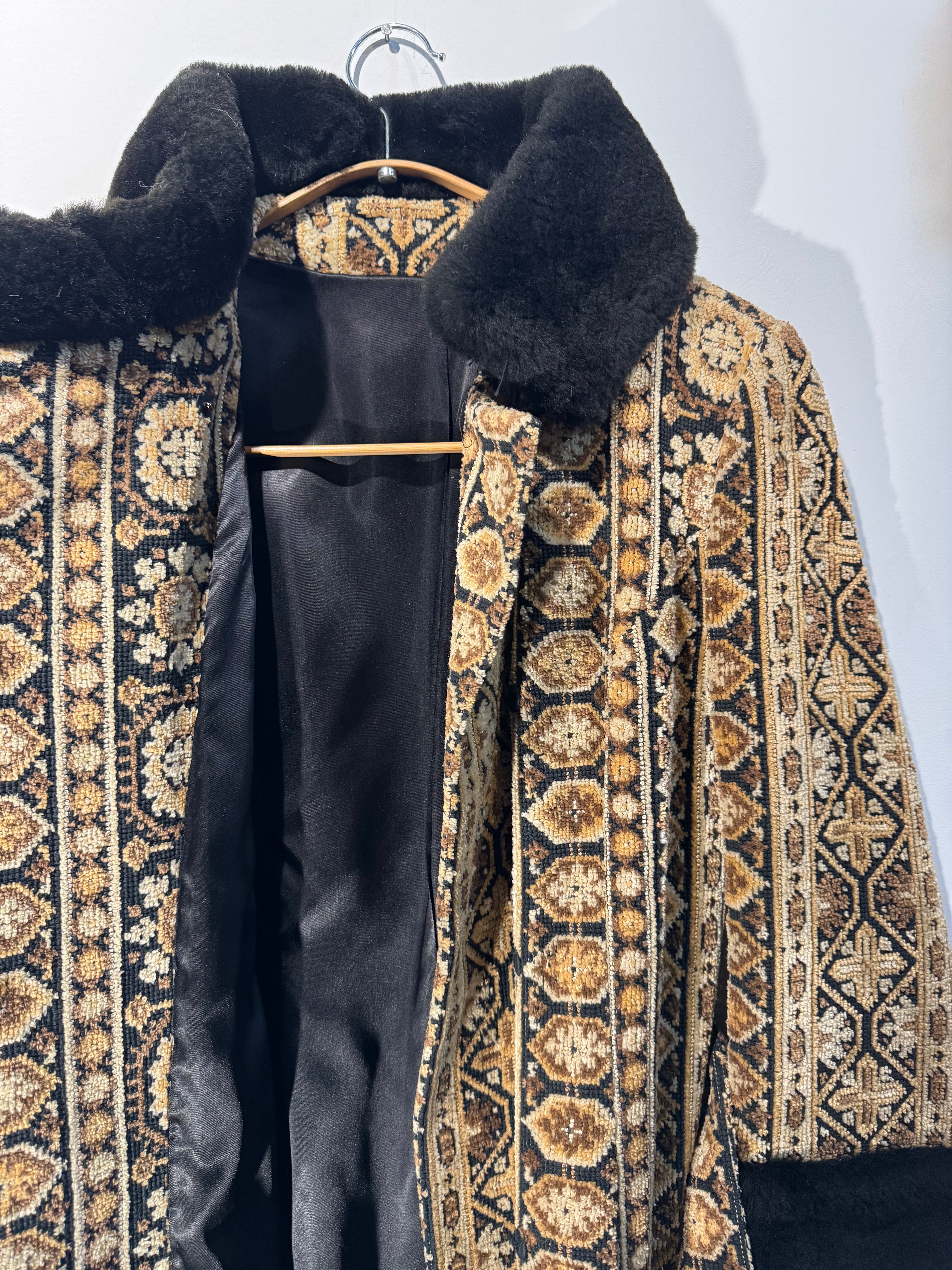 Vintage Tapestry Coat with Genuine Shearling Trim