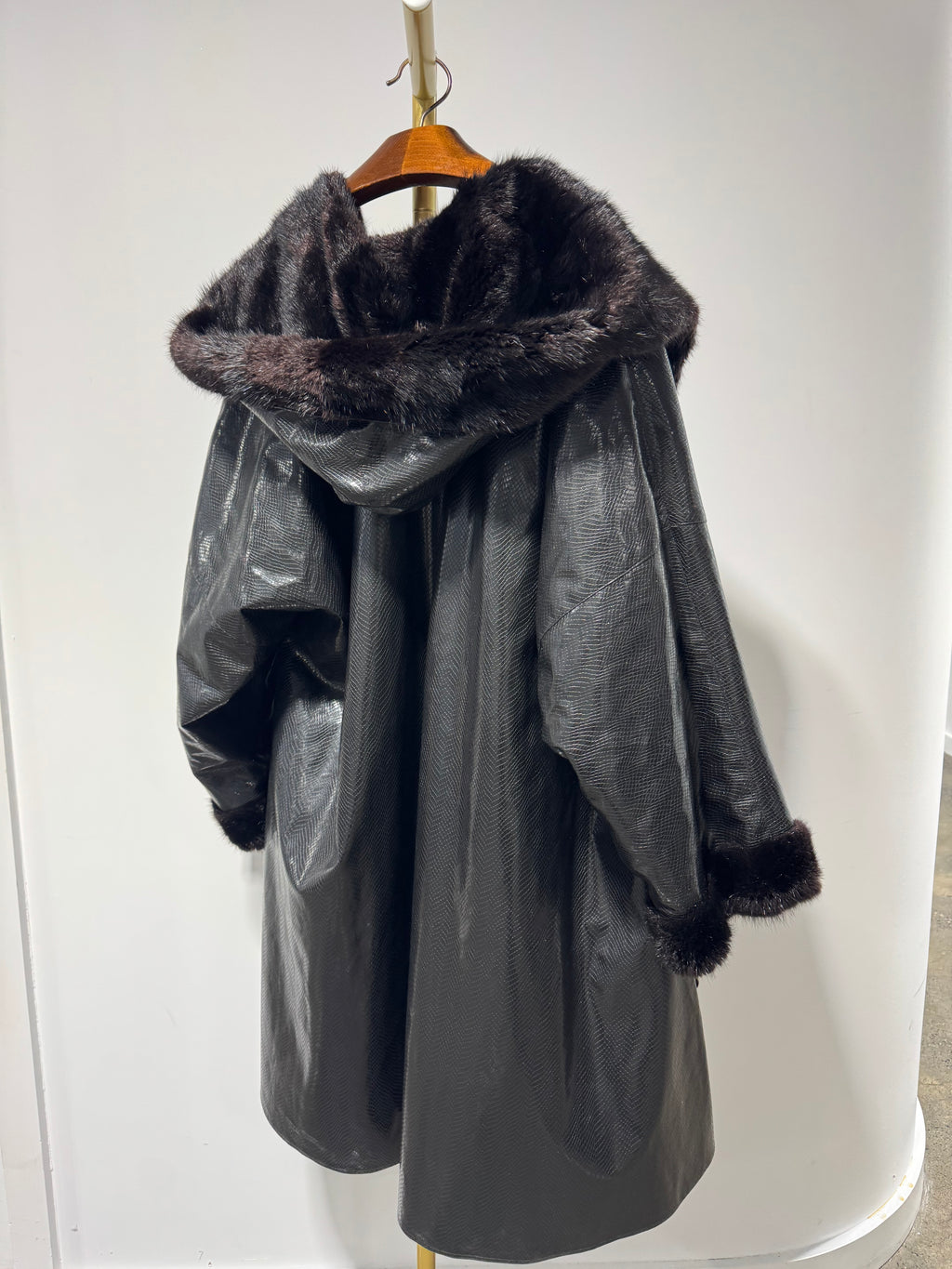Vintage Hooded Mink Fur Coat with Embossed Leather Shell