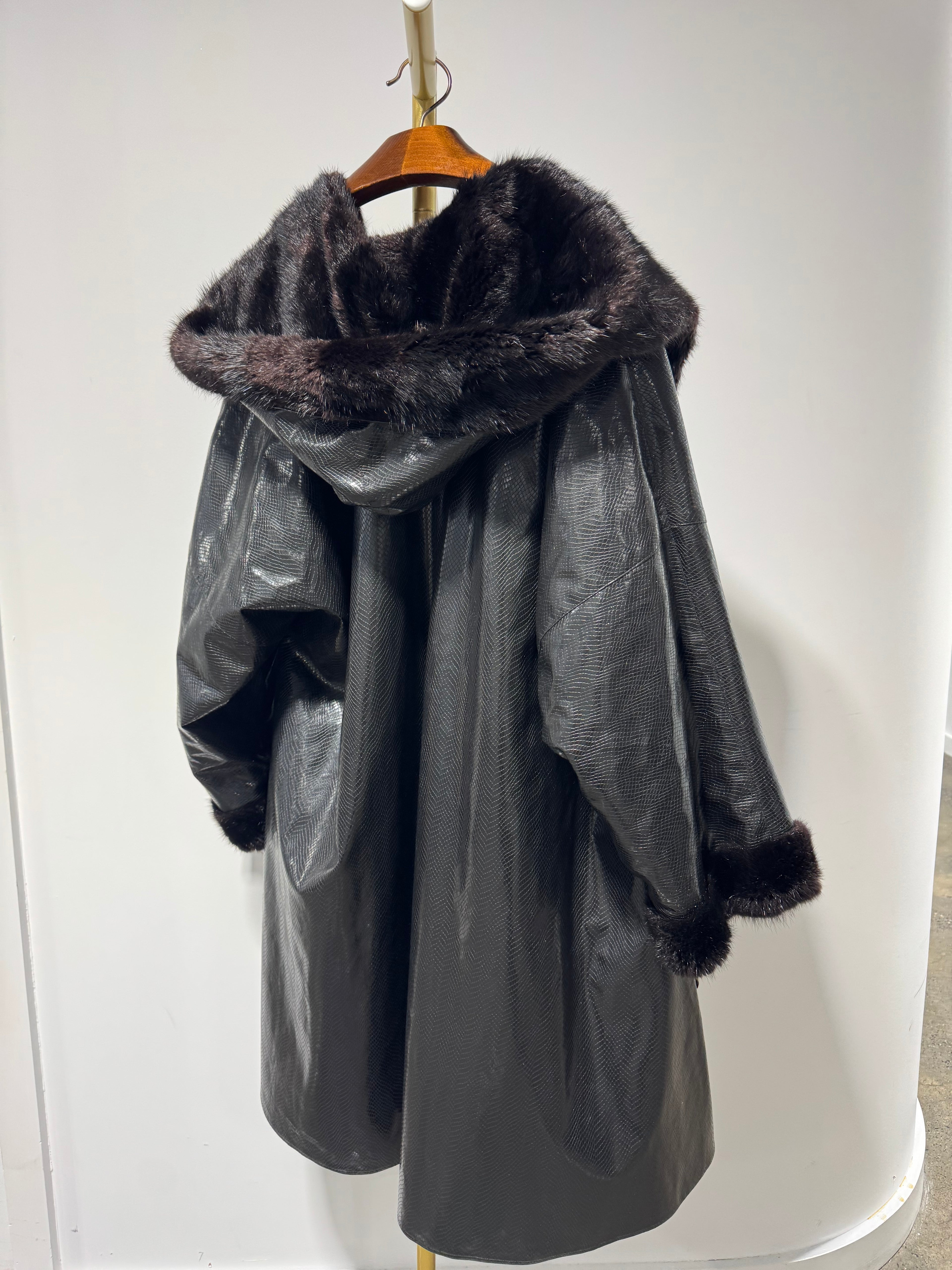 Vintage Hooded Mink Fur Coat with Embossed Leather Shell