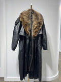 Vintage Black Leather Trench Coat with Detachable Raccoon Fur Collar