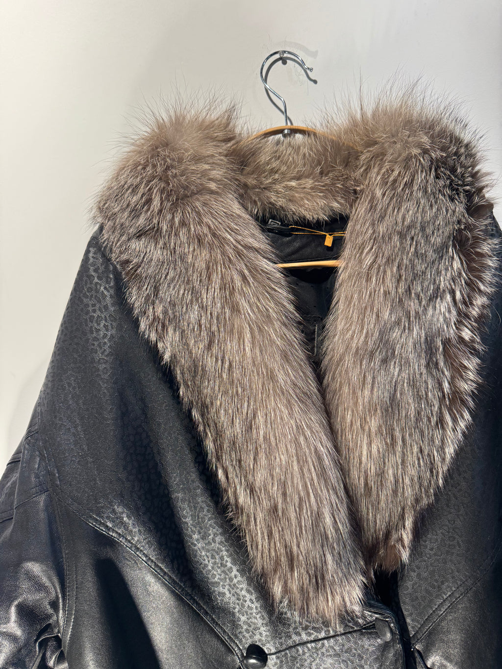 Vintage Black Leather Coat with Silver Fox Fur Collar