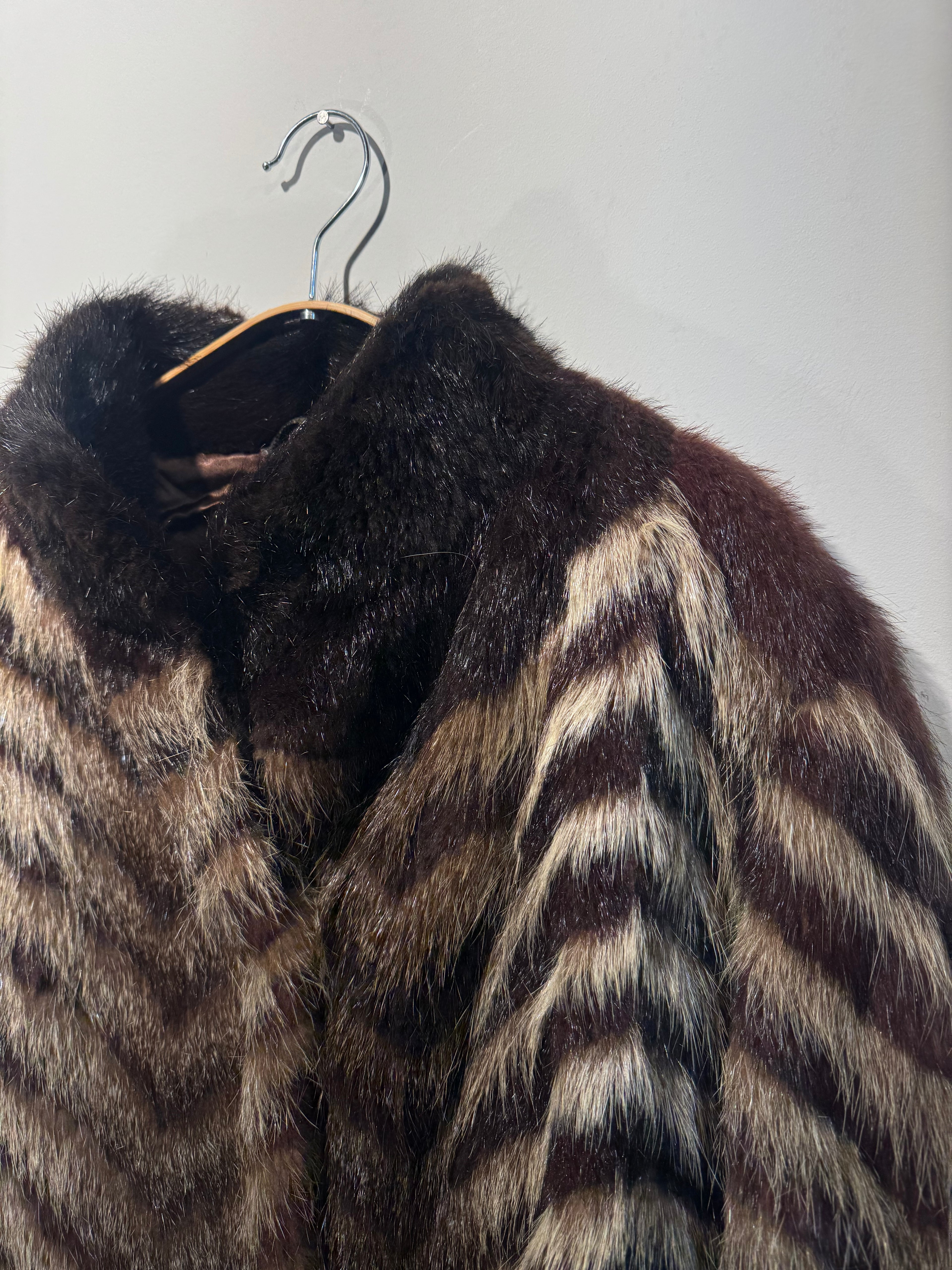 Vintage Chevron Raccoon Fur Coat with Mink Collar