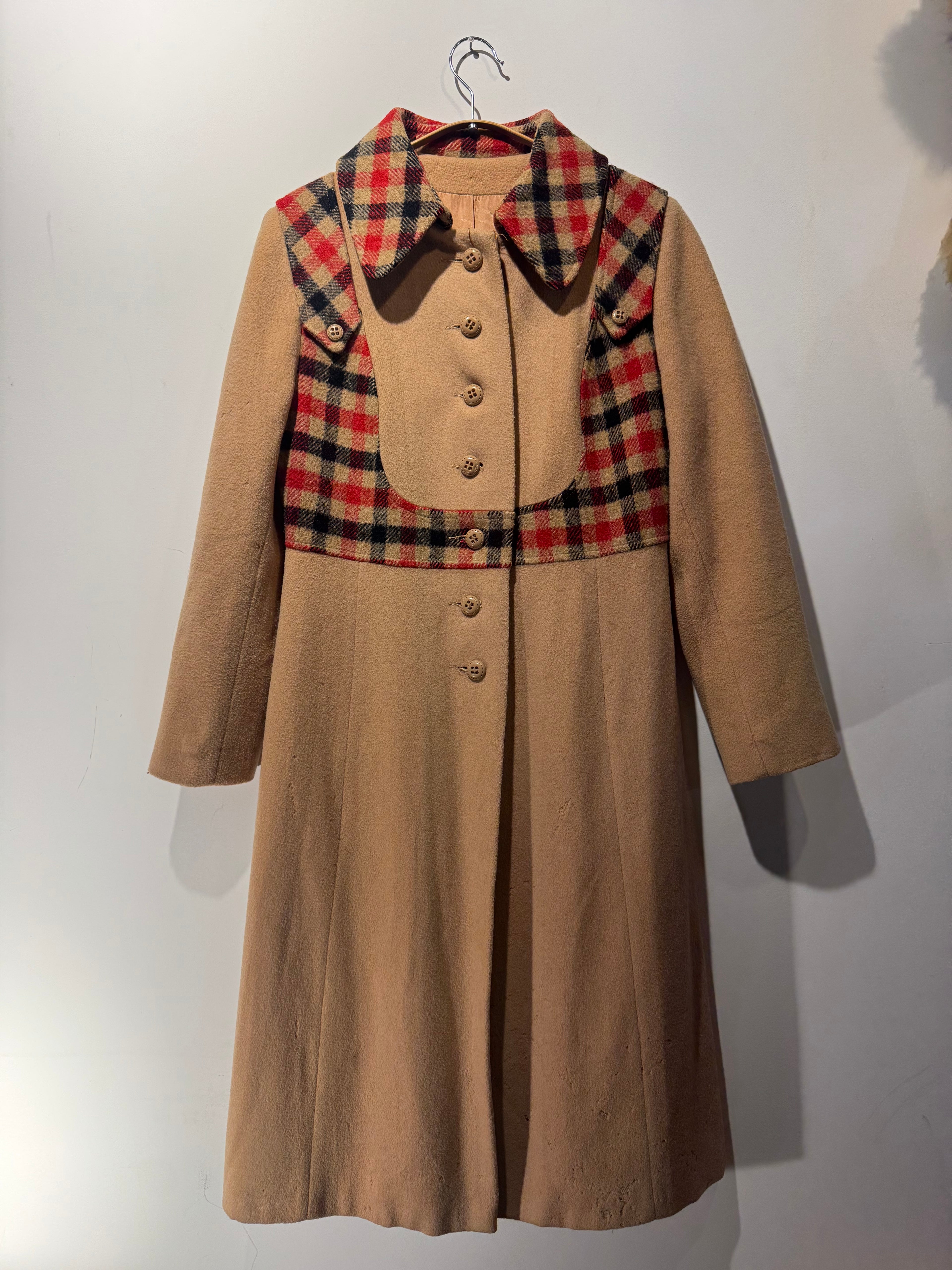 Vintage Wool Coat with Plaid Trim