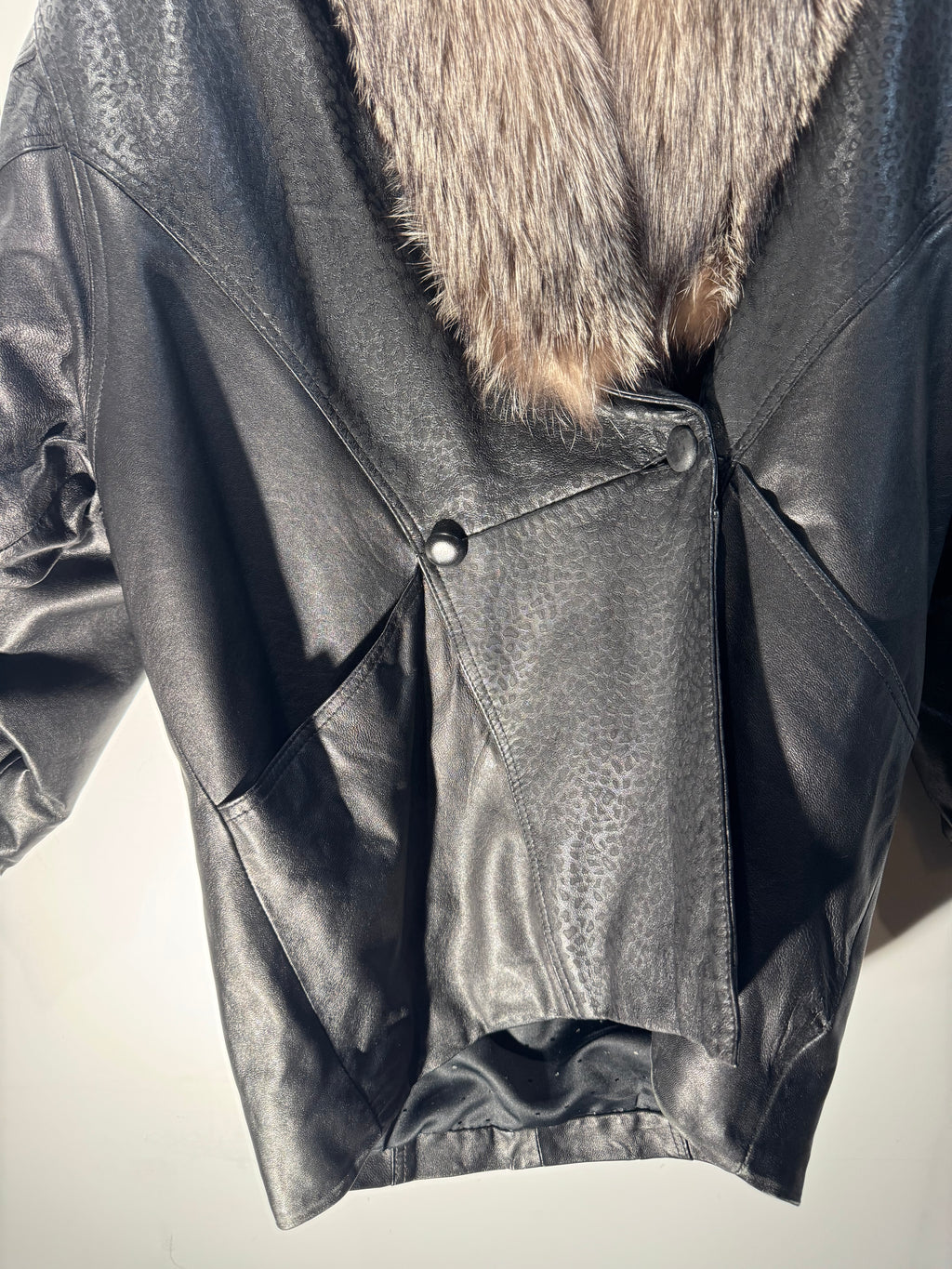 Vintage Black Leather Coat with Silver Fox Fur Collar