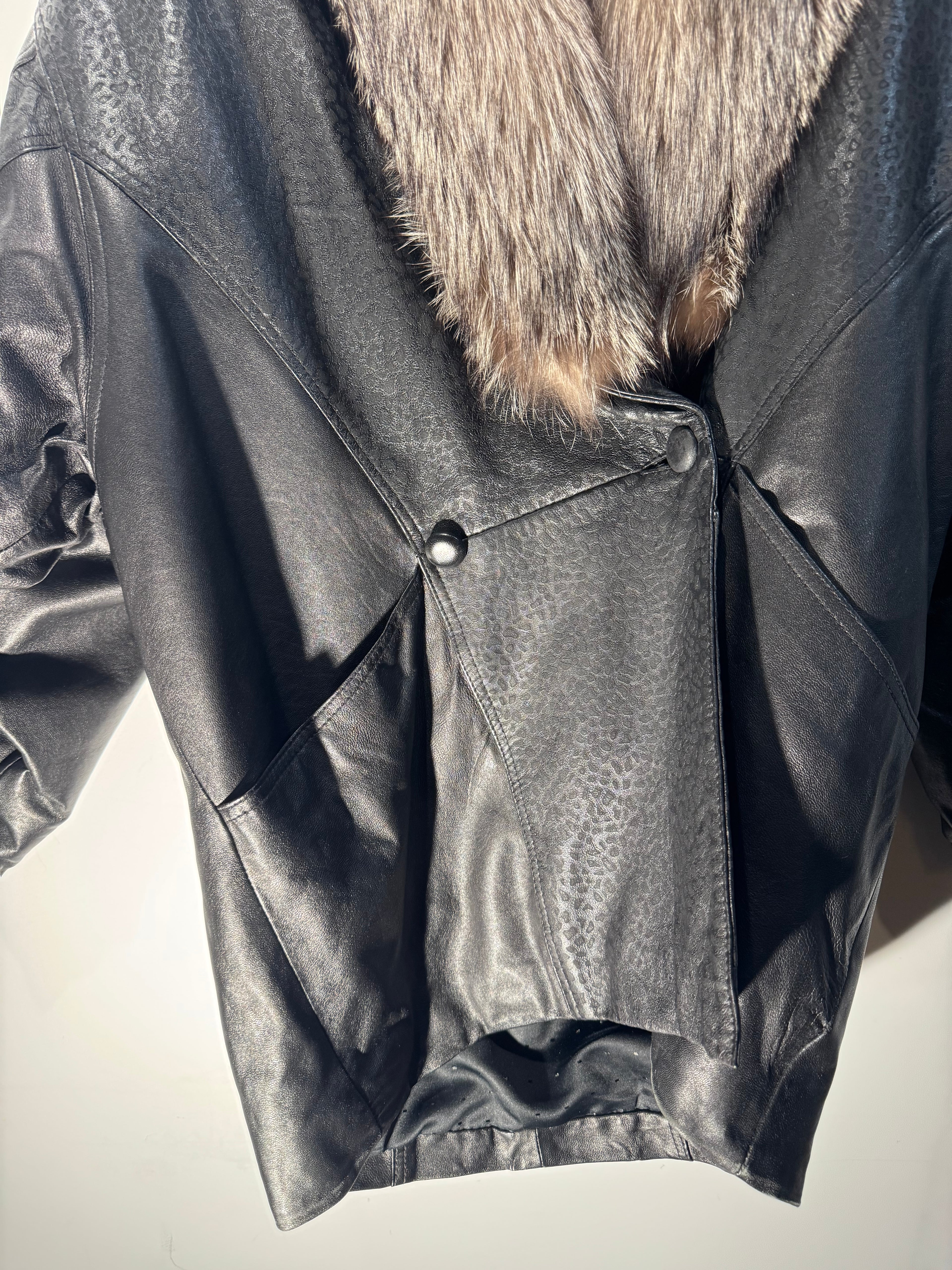 Vintage Black Leather Coat with Silver Fox Fur Collar