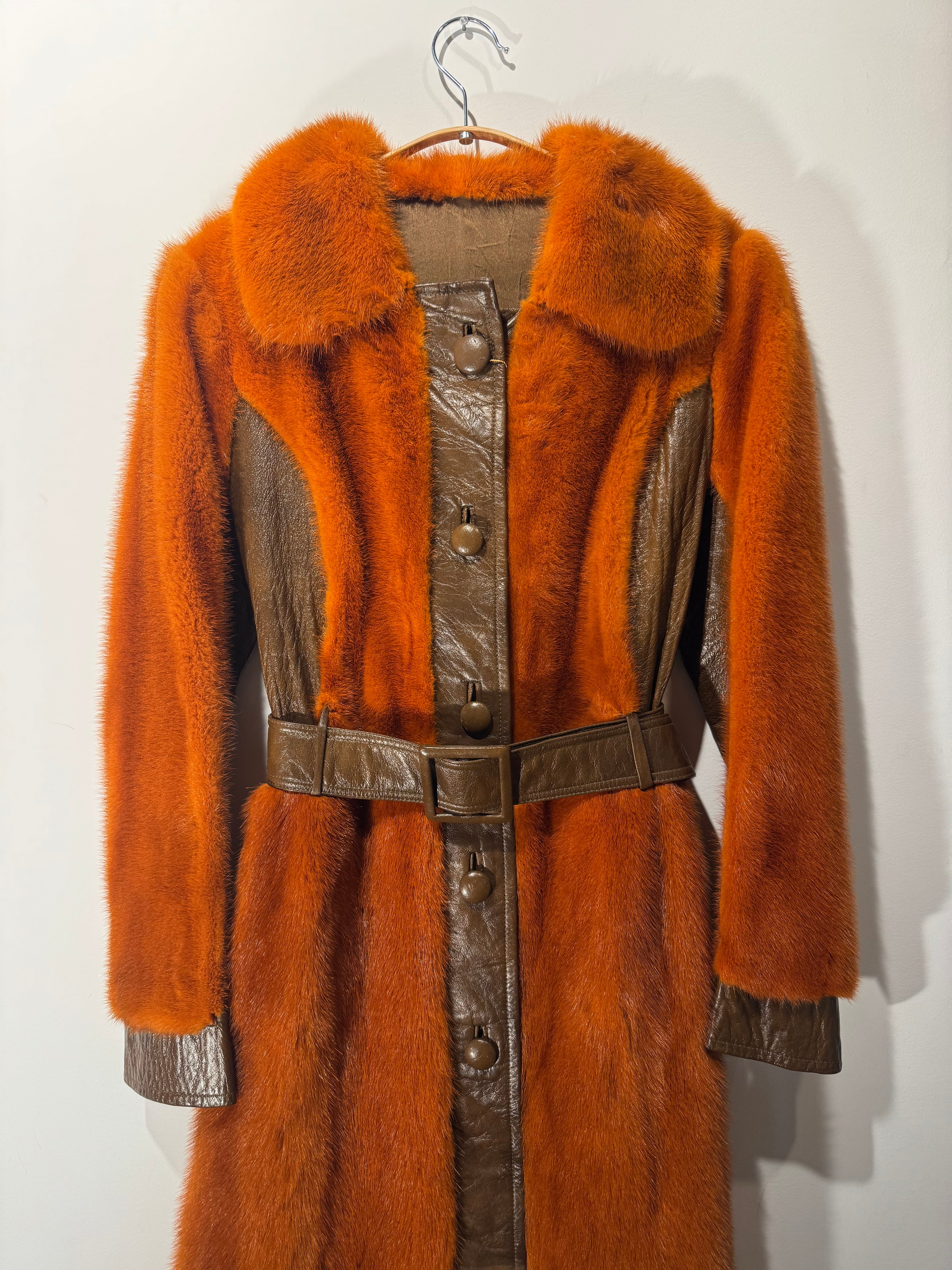 Vintage Orange Mink & Brown Leather Belted Coat