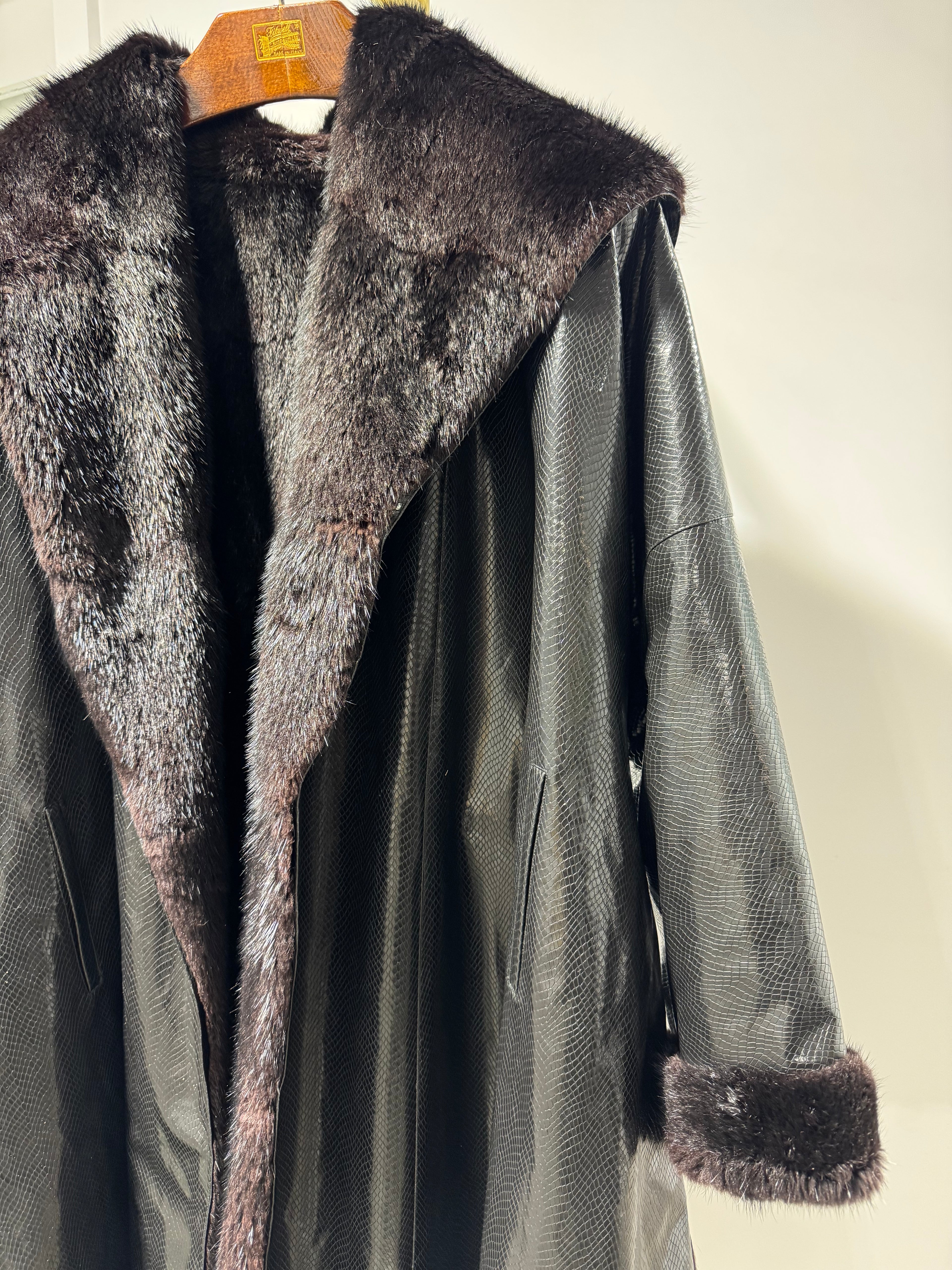 Vintage Hooded Mink Fur Coat with Embossed Leather Shell