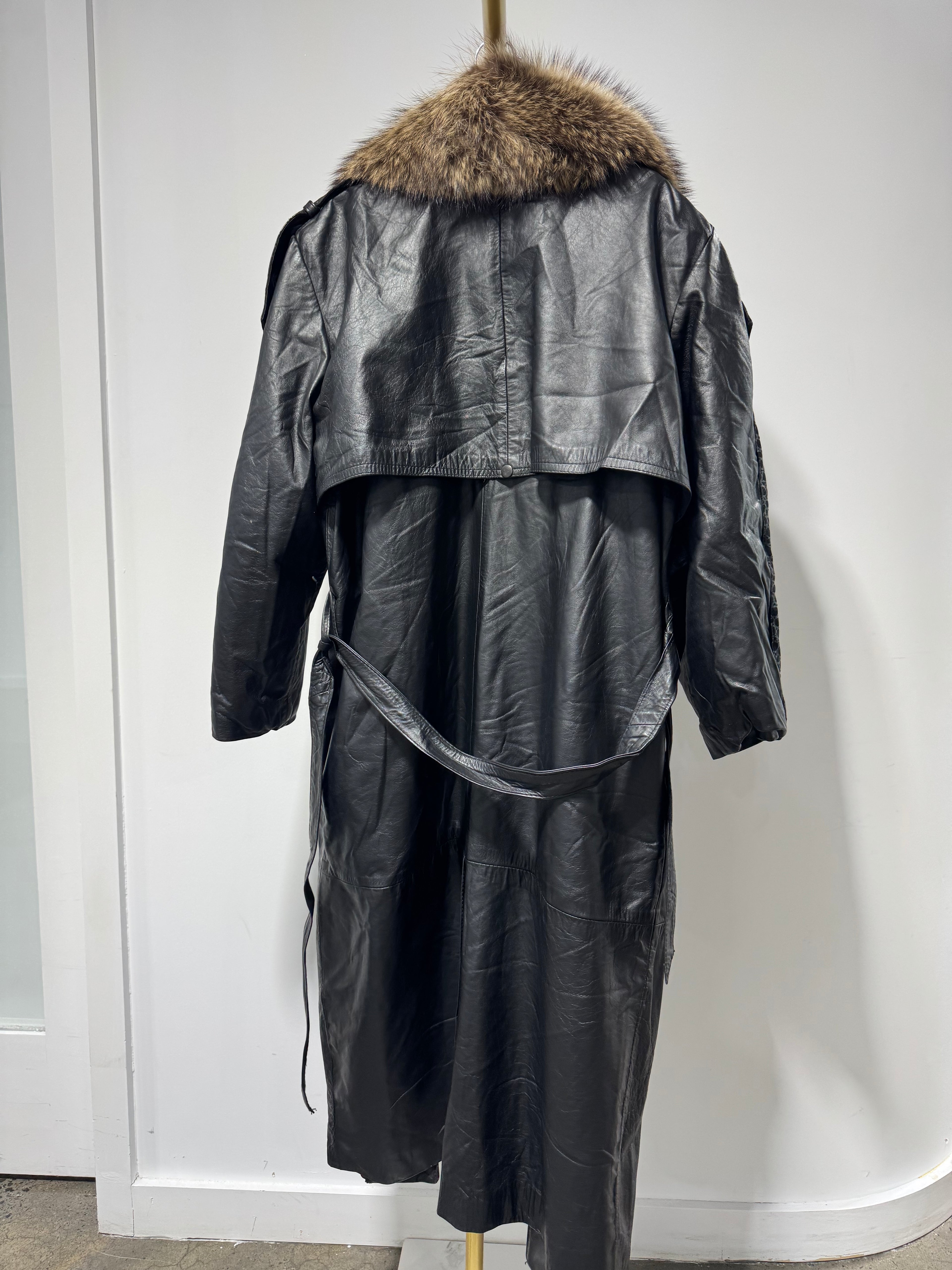 Vintage Black Leather Trench Coat with Detachable Raccoon Fur Collar