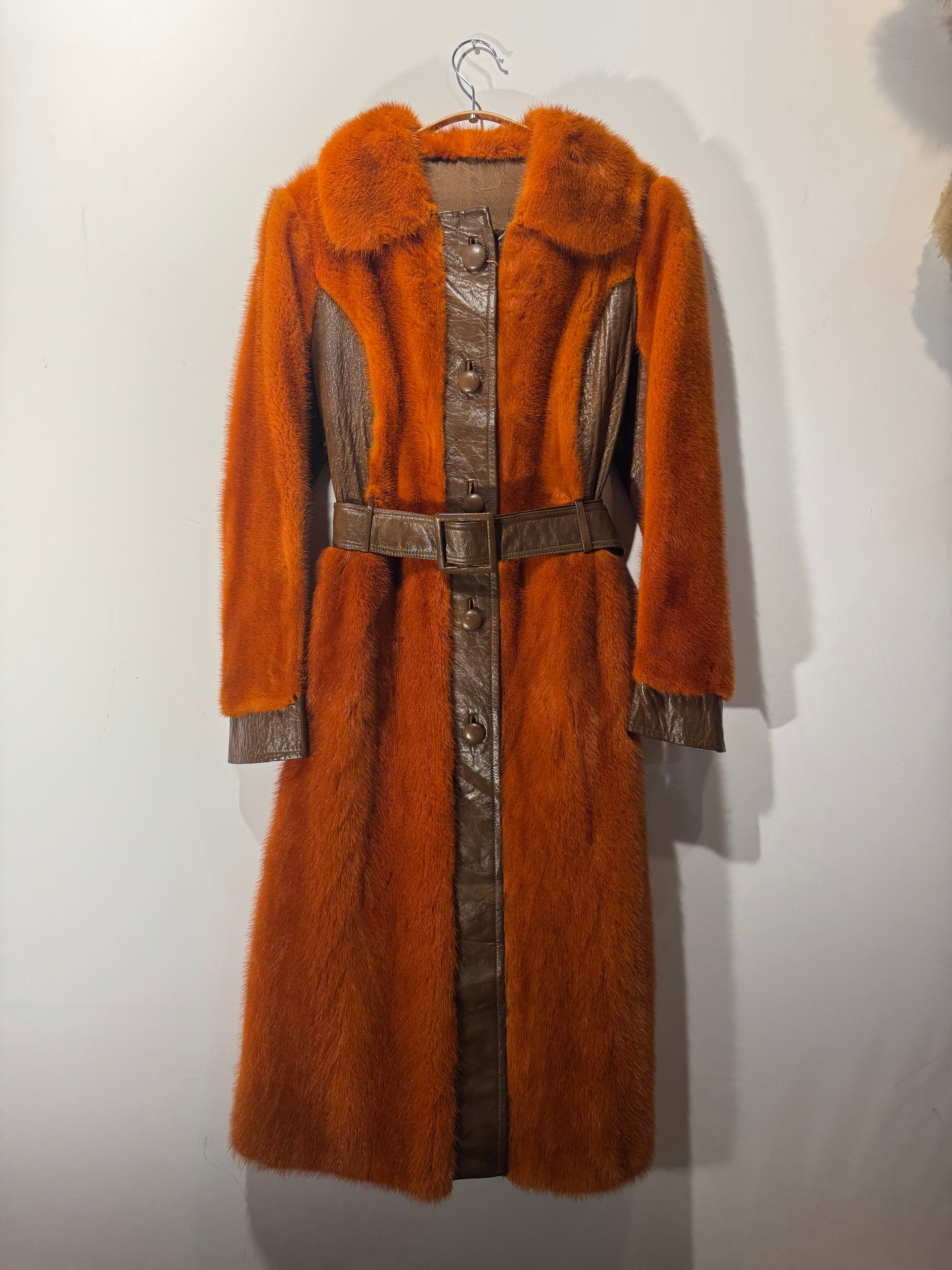 Vintage Orange Mink & Brown Leather Belted Coat