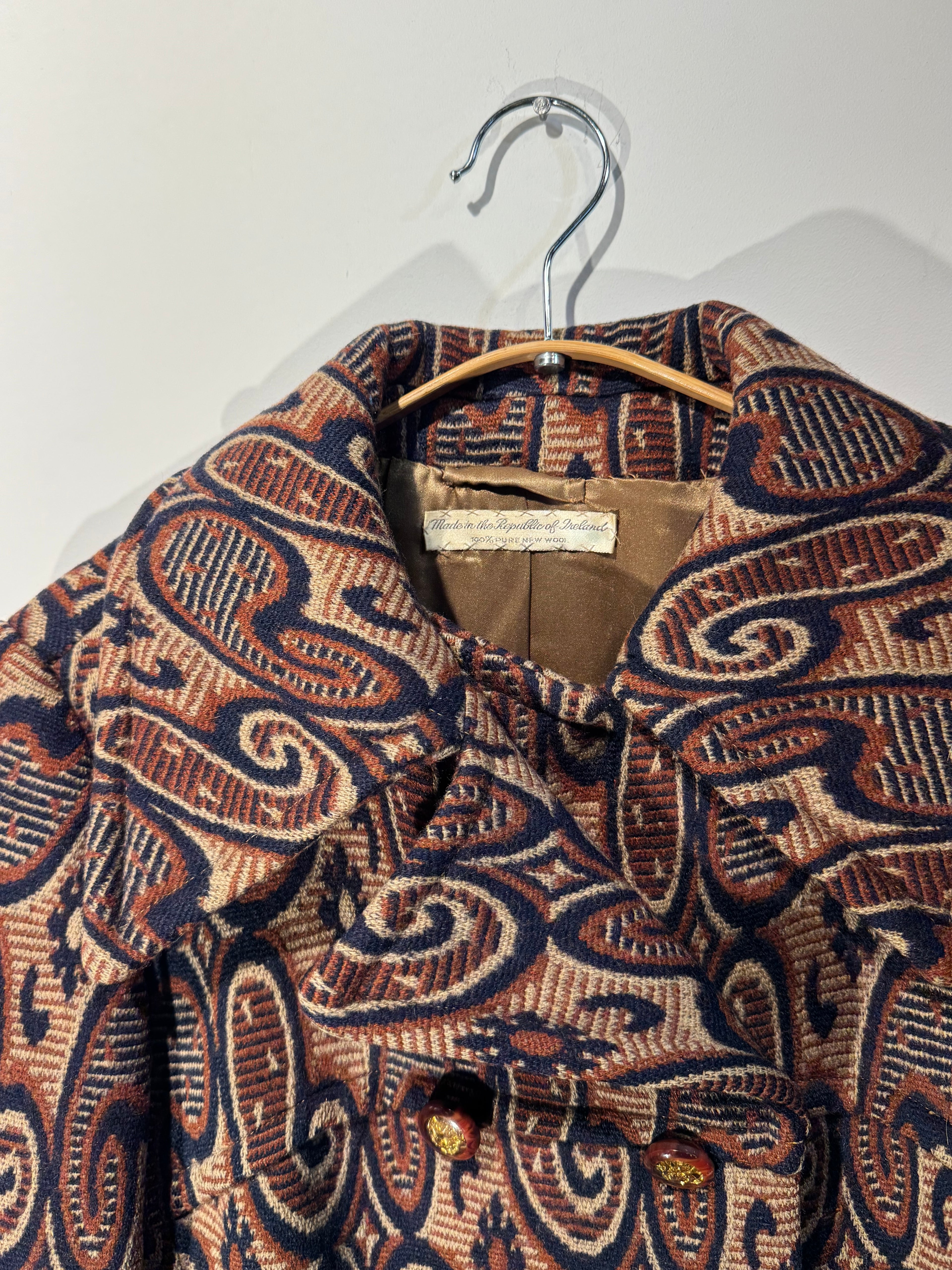 Vintage 1960s Irish Wool Paisley Jacquard Double Breasted Coat
