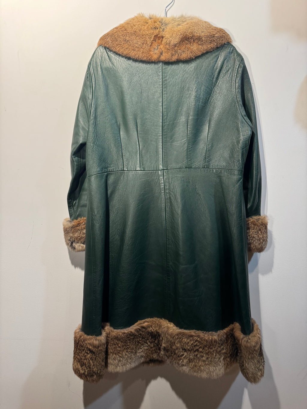 Vintage Montgomery Ward Leather Coat with Rabbit Fur Trim