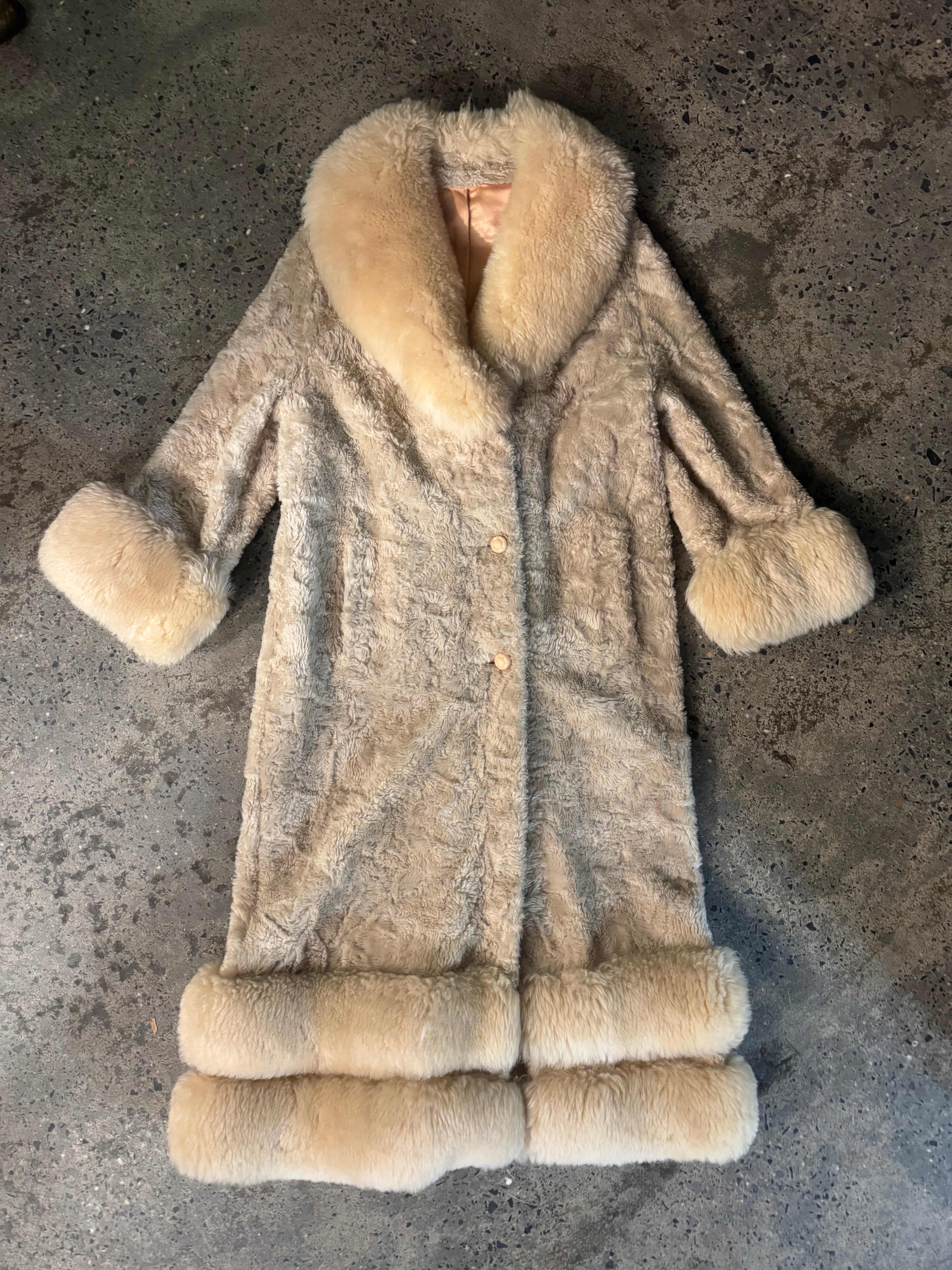 Vintage 1970s Faux Persian Lamb Coat with Real Shearling Trim